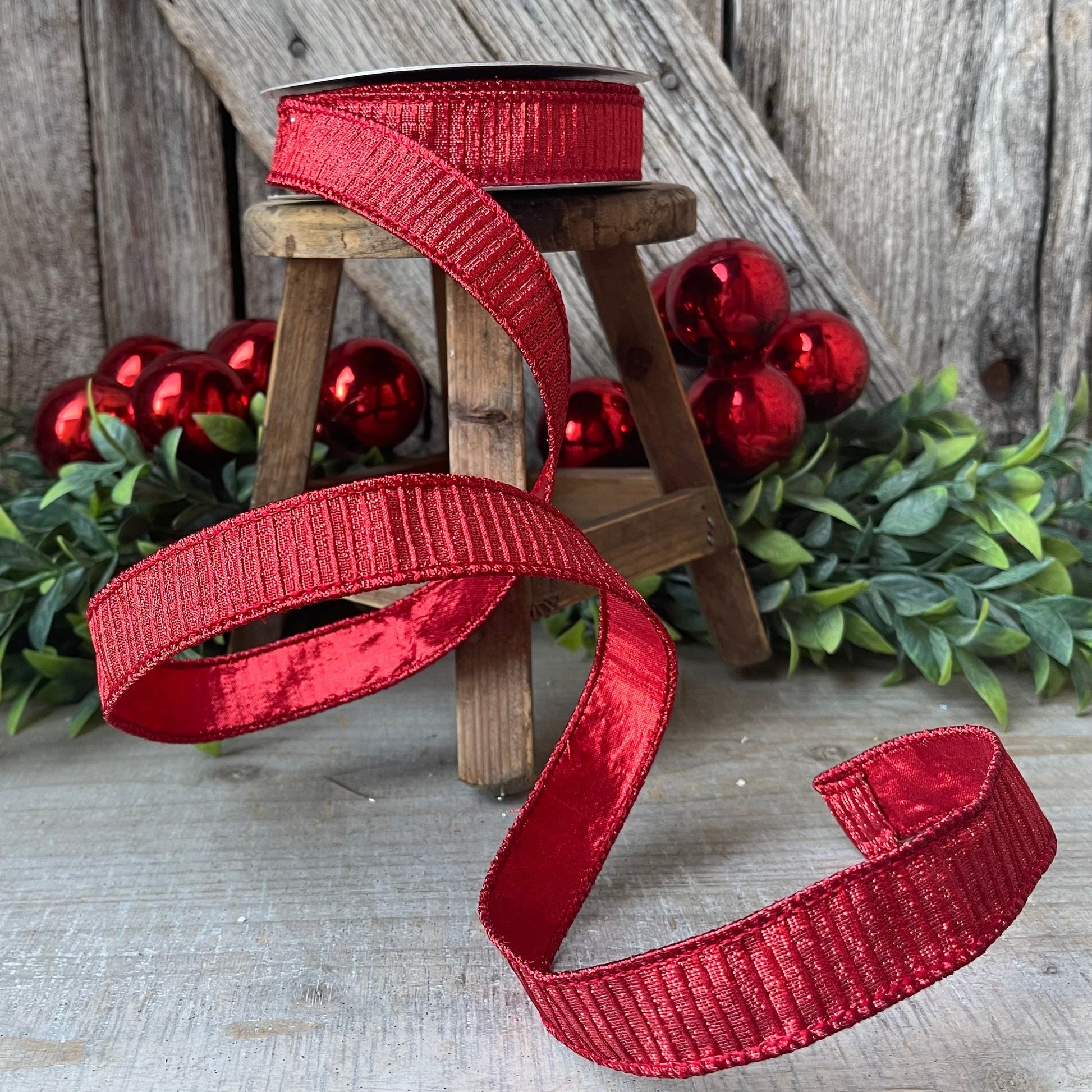 1" Red Pleated Metallic Ribbon, Farrisilk Ribbon, Wired Ribbon