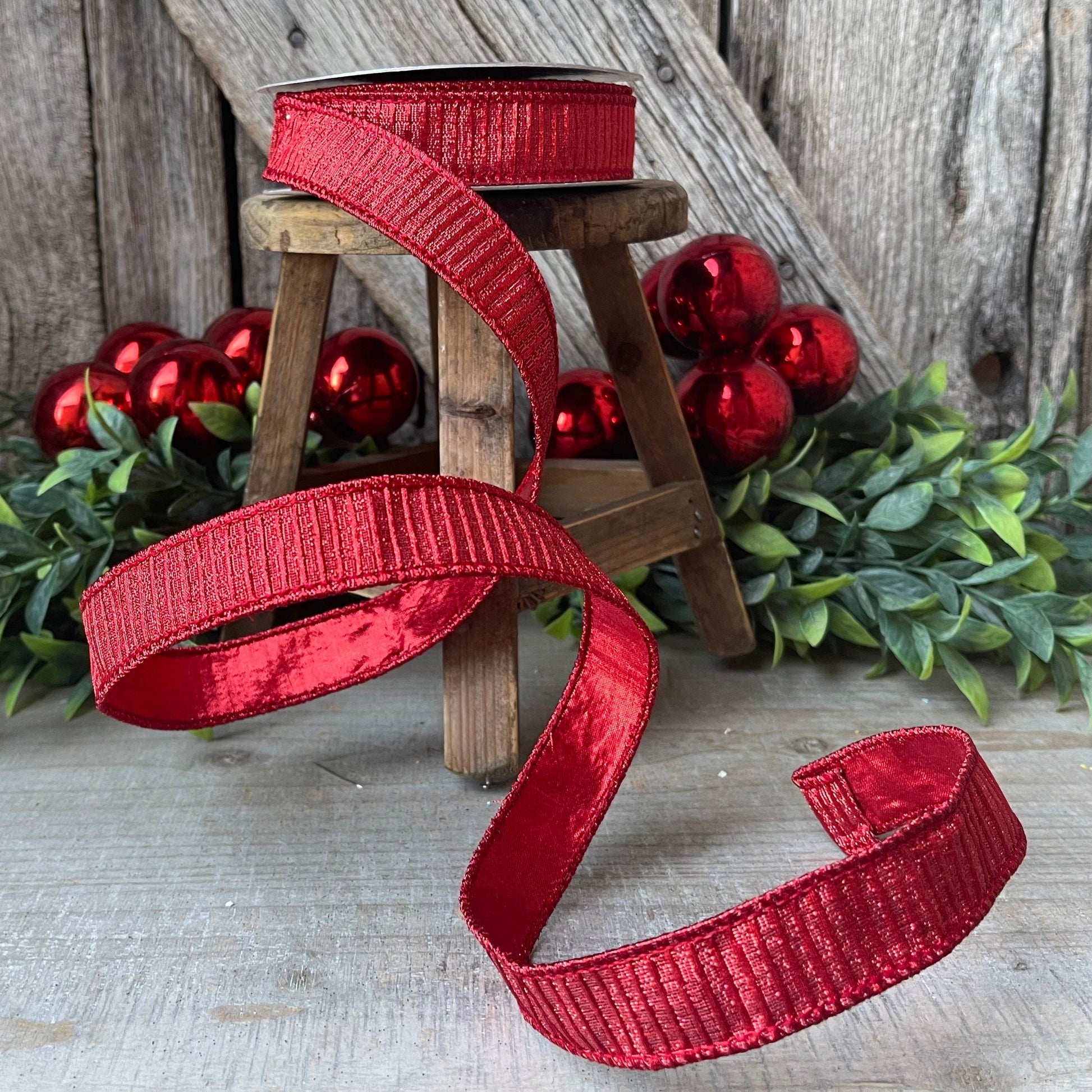 1" Red Pleated Metallic Ribbon, Farrisilk Ribbon