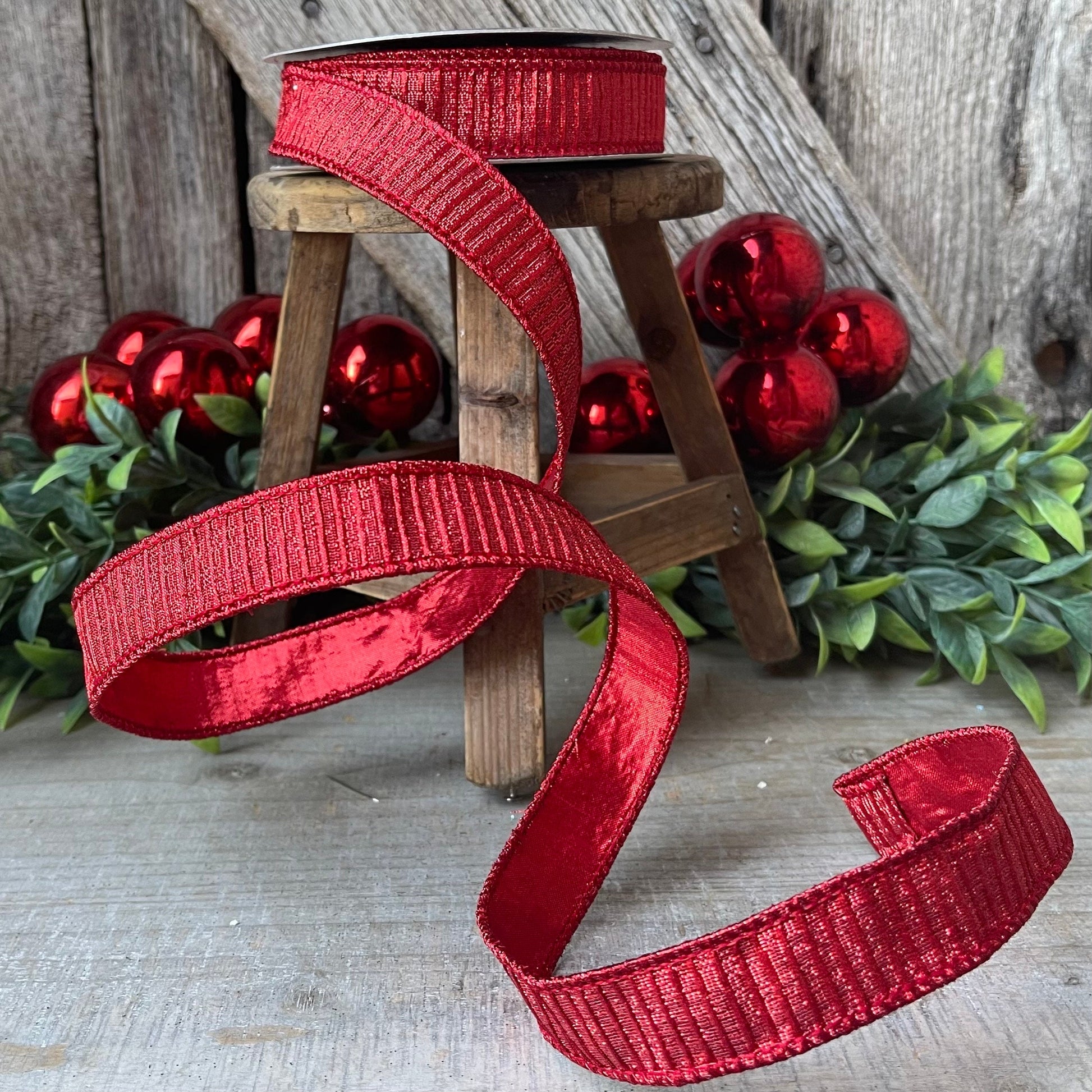 1" Red Pleated Metallic Ribbon, Farrisilk Ribbon