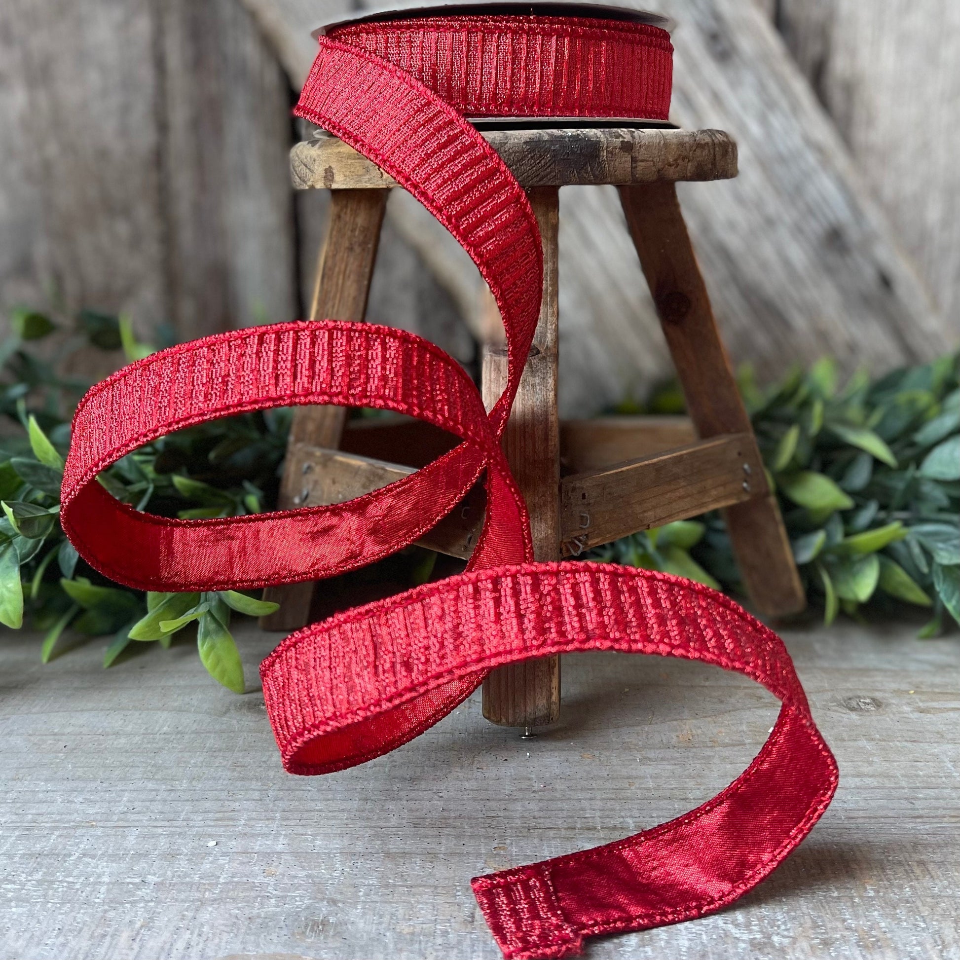 1" Red Pleated Metallic Ribbon, Farrisilk Ribbon, Wired Ribbon