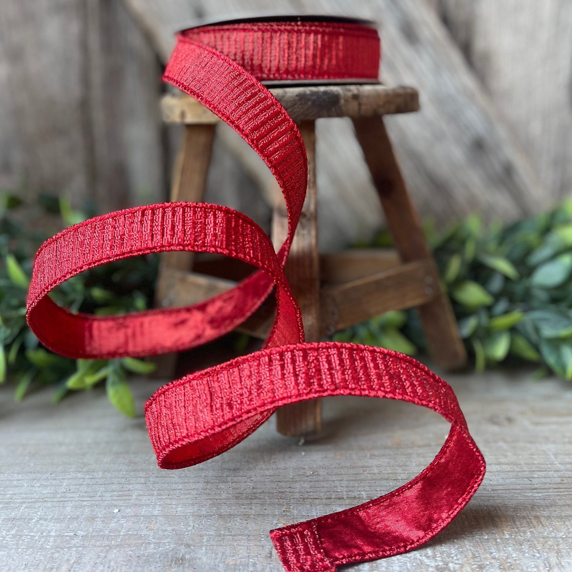 1" Red Pleated Metallic Ribbon, Farrisilk Ribbon, Wired Ribbon