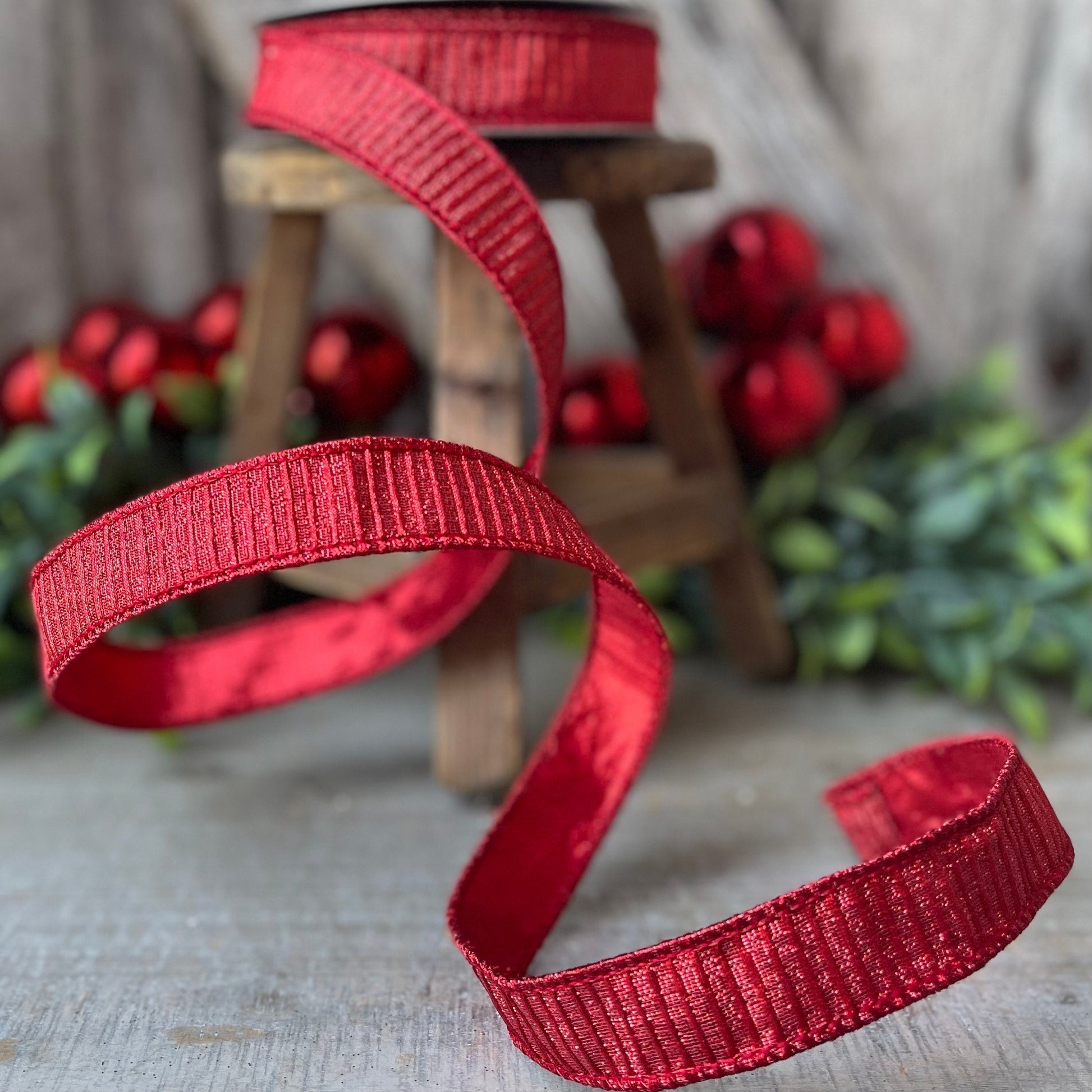 1" Red Pleated Metallic Ribbon, Farrisilk Ribbon, Wired Ribbon