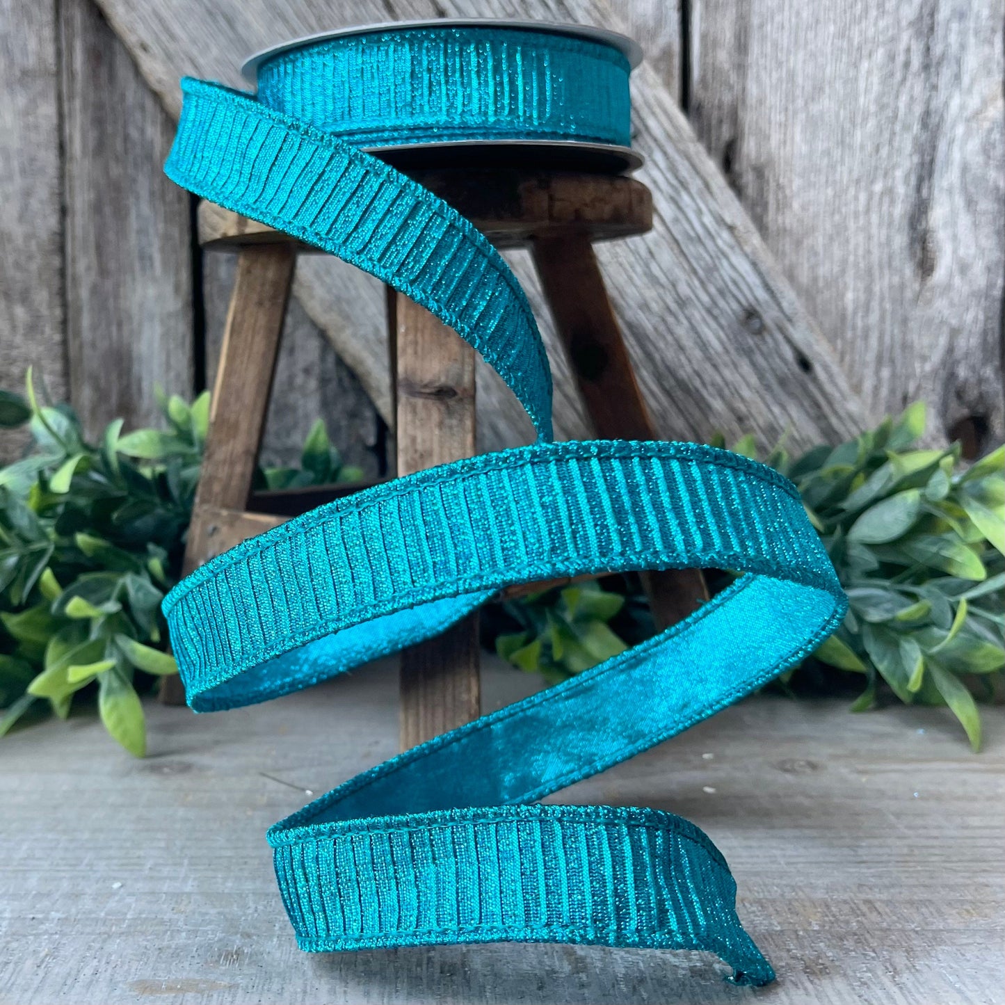 1" Turquoise Pleated Metallic Ribbon, Teal Ribbbon