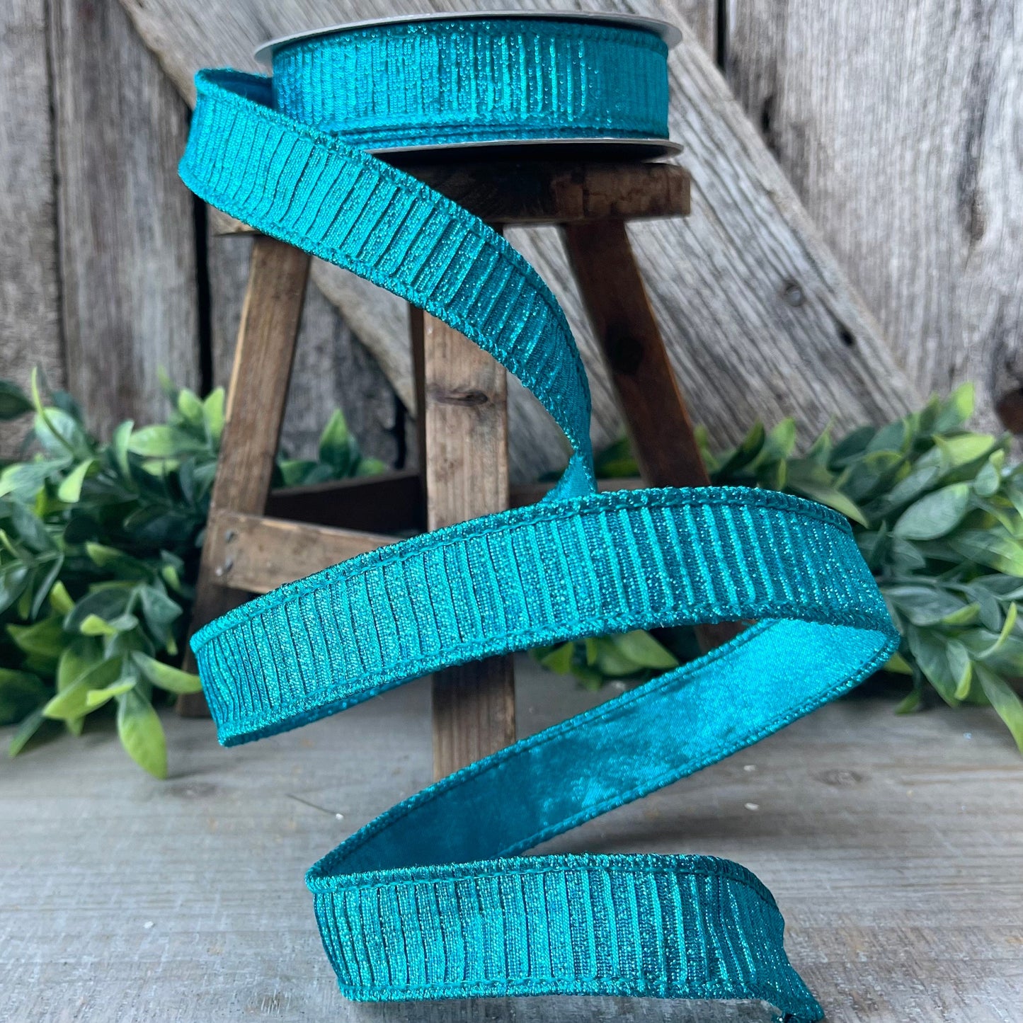 1" Turquoise Pleated Metallic Ribbon, Teal Ribbbon