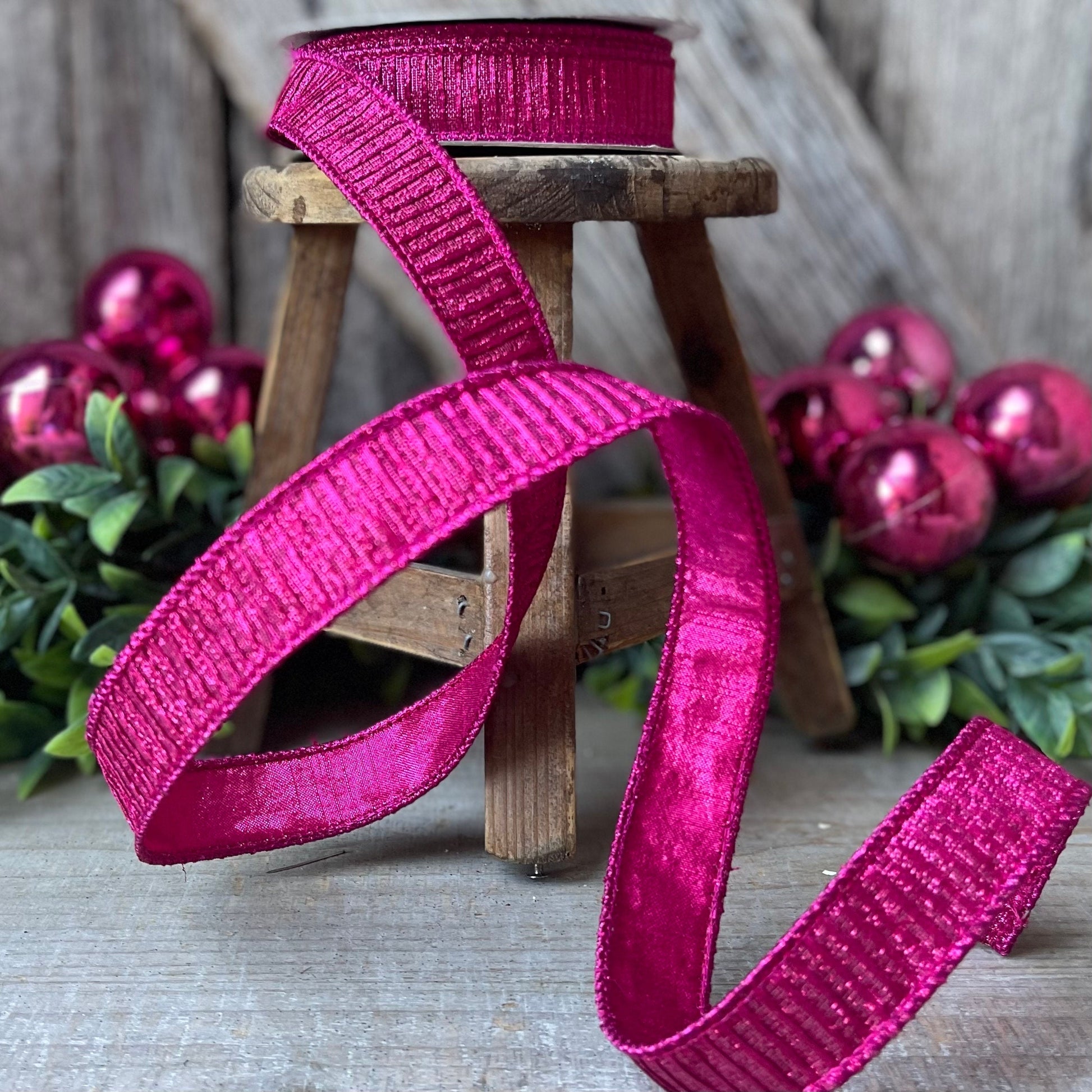 1" Hot Pink Pleated Metallic Ribbon, Fuchsia Ribbbon, Farrisilk Ribbon