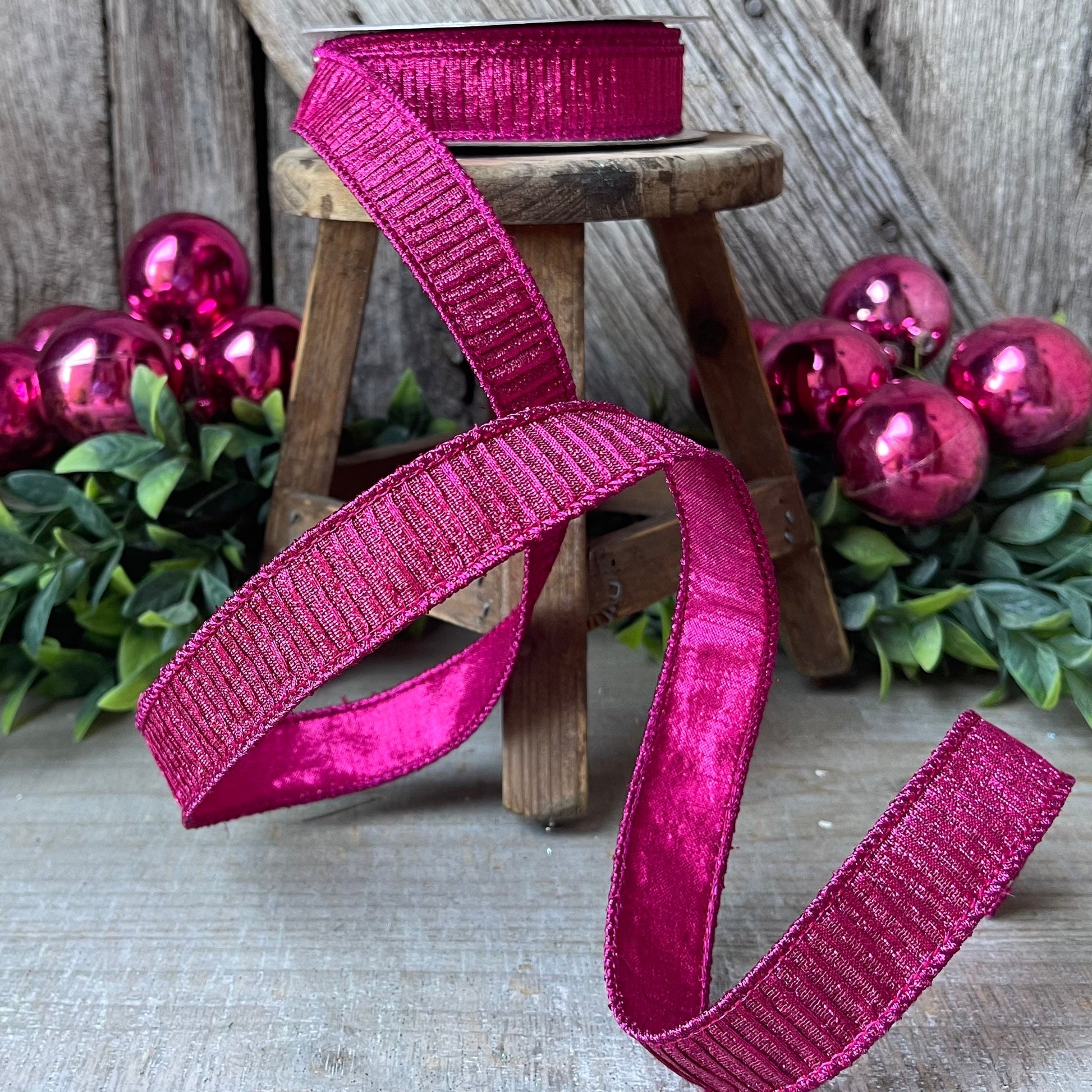 1" Hot Pink Pleated Metallic Ribbon, Fuchsia Ribbbon, Farrisilk Ribbon