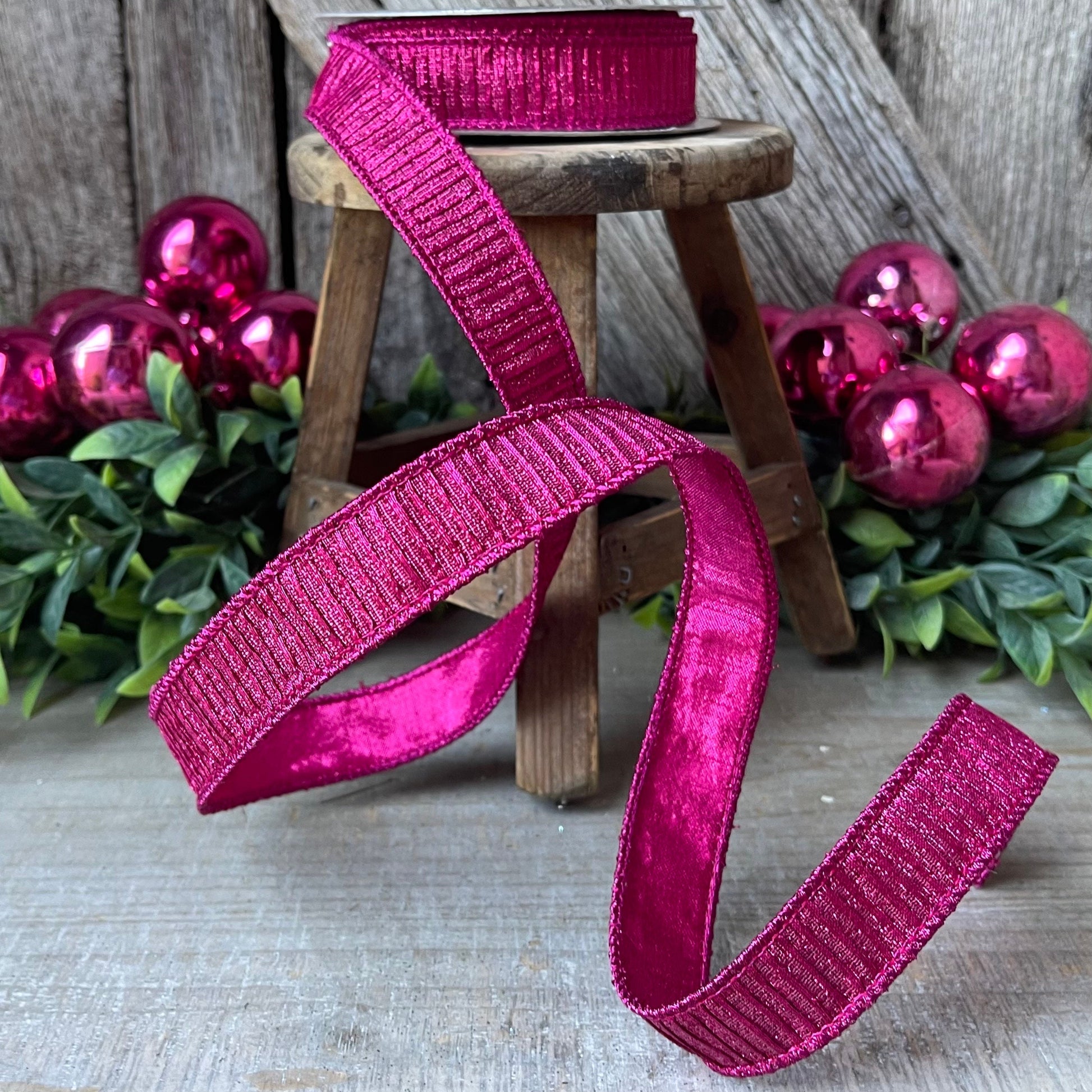 1" Hot Pink Pleated Metallic Ribbon, Fuchsia Ribbbon, Farrisilk Ribbon