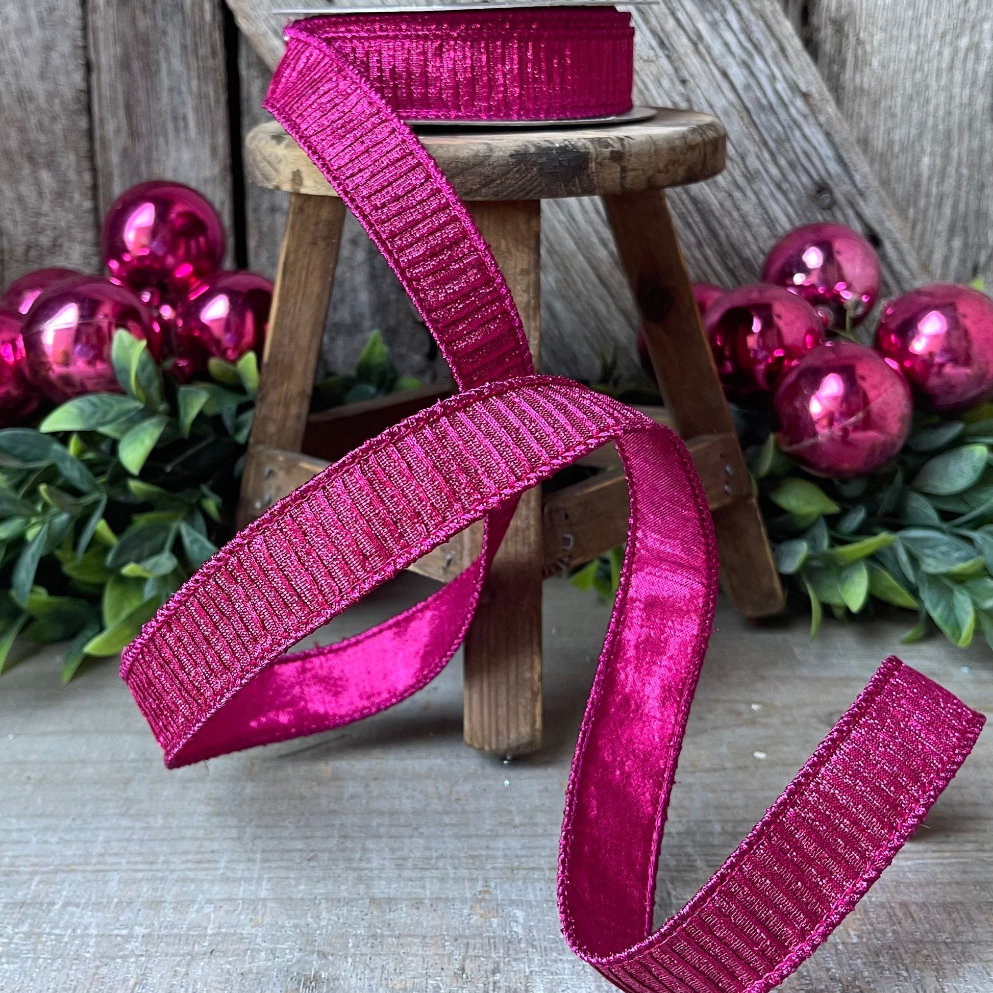 1" Hot Pink Pleated Metallic Ribbon, Fuchsia Ribbbon, Farrisilk Ribbon