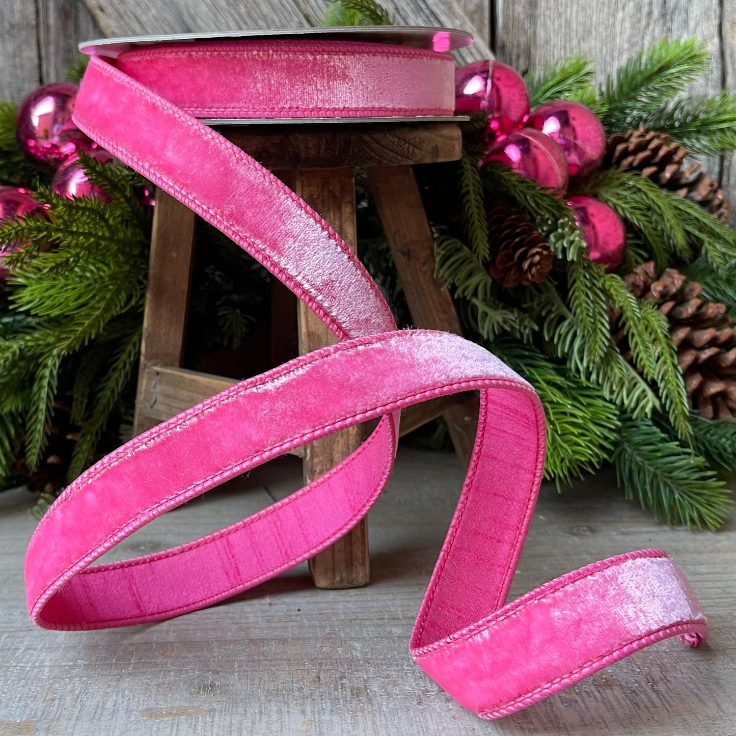 1" BubbleGum Pink Velvet Ribbon, Wired Velvet Ribbon