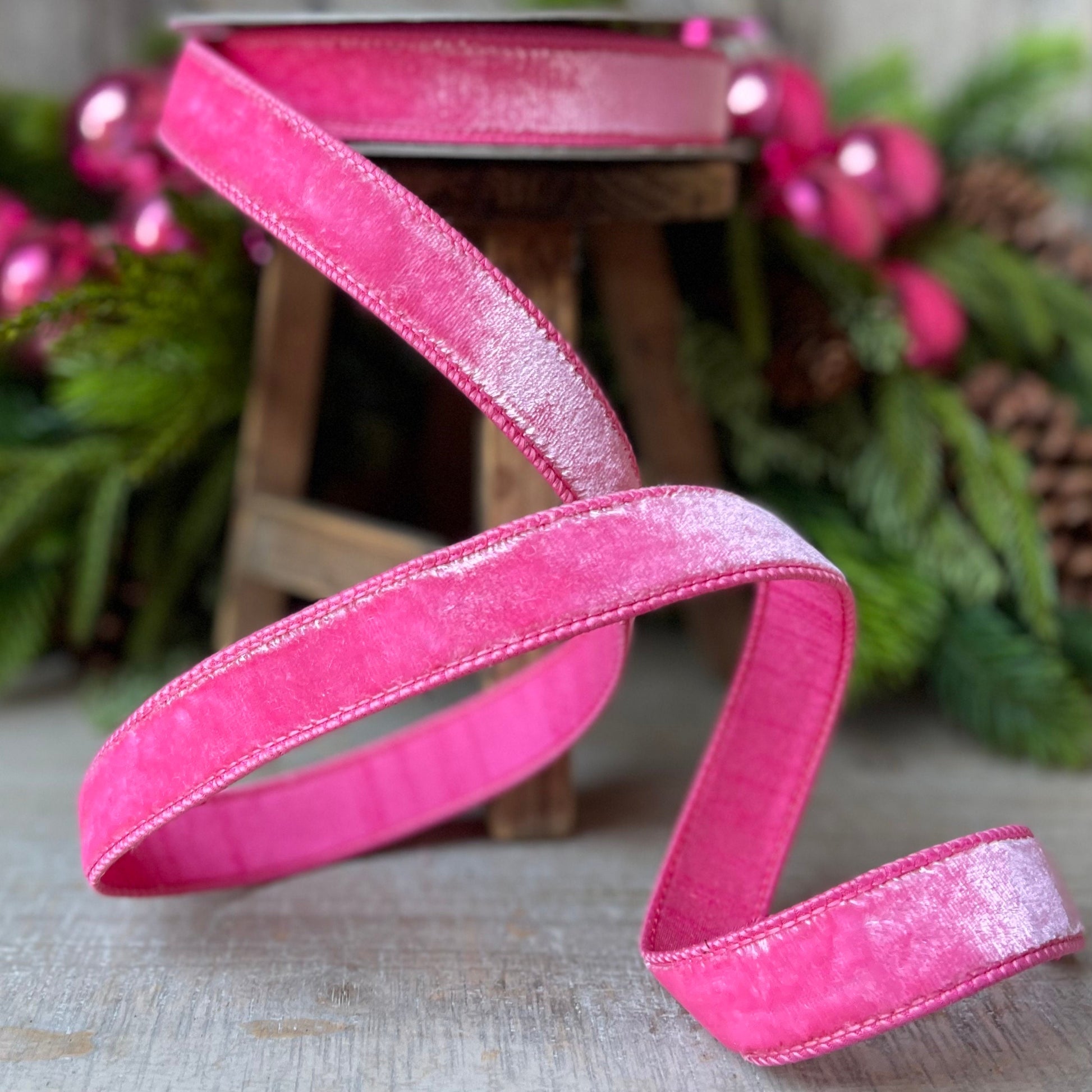 1" BubbleGum Pink Velvet Ribbon, Wired Velvet Ribbon