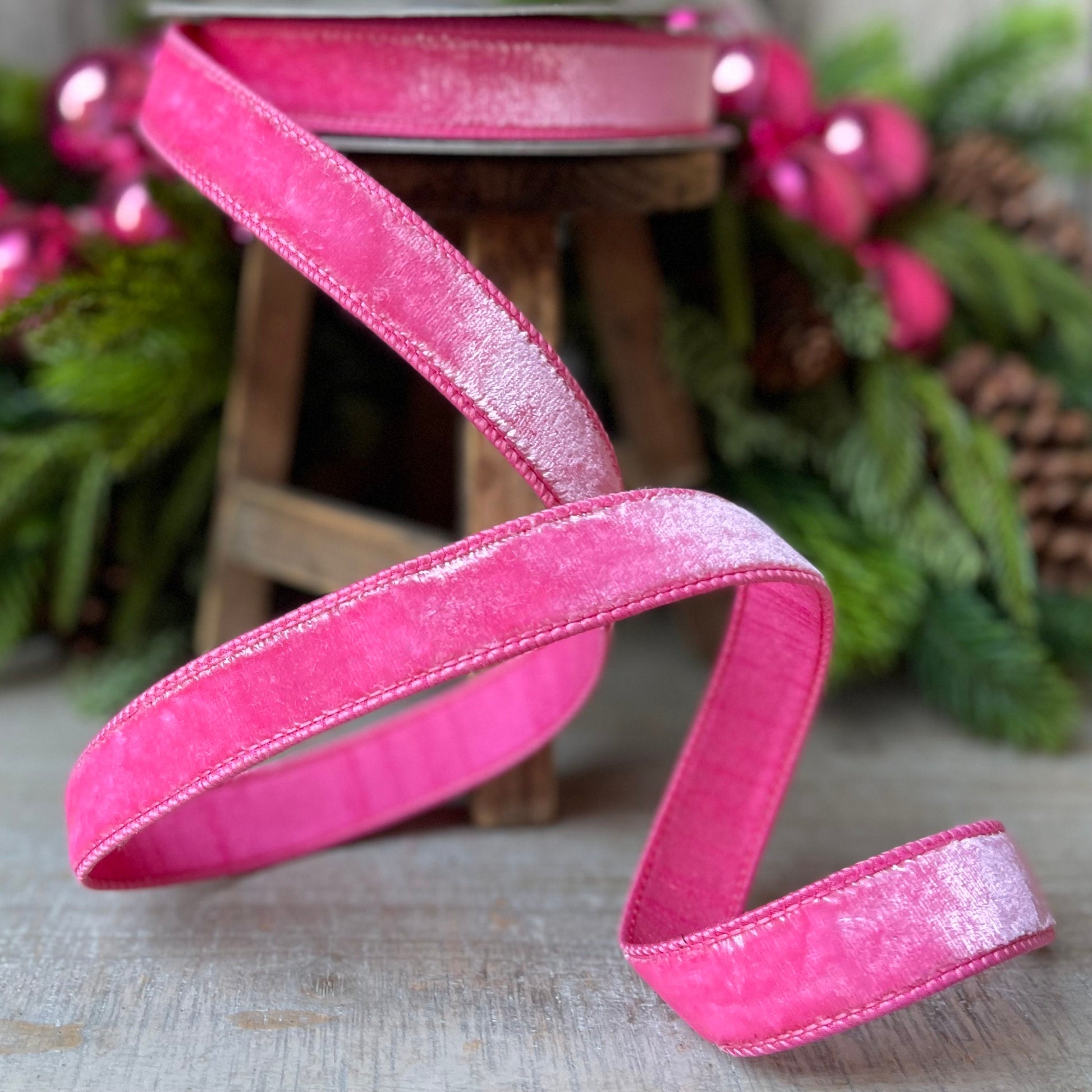 1" BubbleGum Pink Velvet Ribbon, Wired Velvet Ribbon