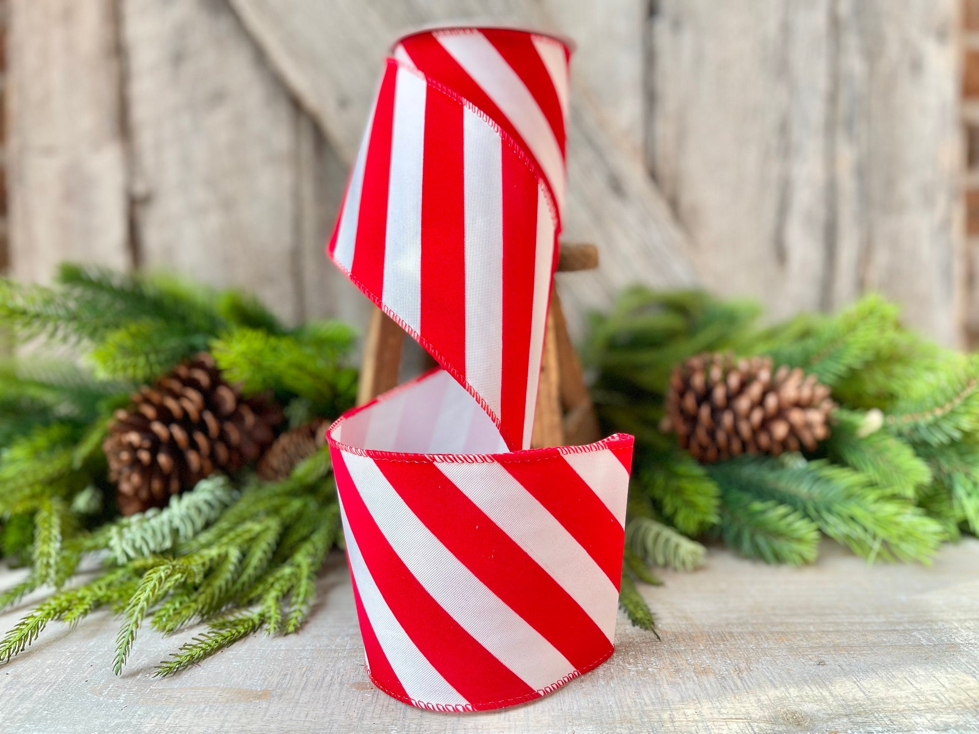 Red & White Diagonal Stripe Christmas Ribbon - 4" x 10 Yards - Wired Holiday Ribbon for DIY Crafts, Decorations, Wrapping