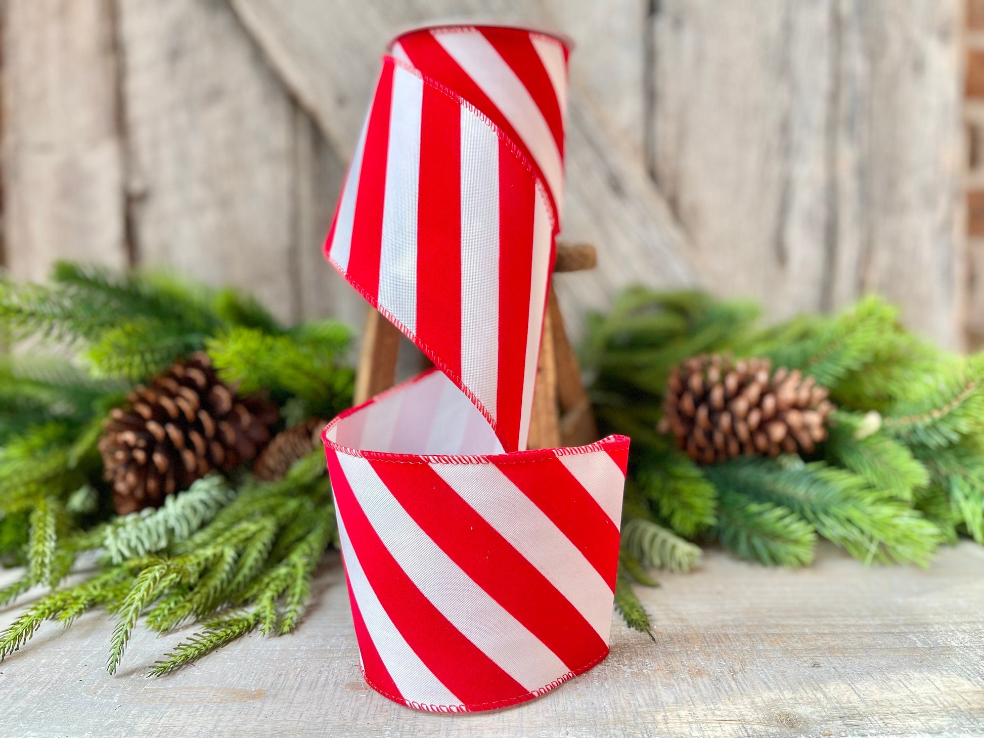 Red & White Diagonal Stripe Christmas Ribbon - 4" x 10 Yards - Wired Holiday Ribbon for DIY Crafts, Decorations, Wrapping