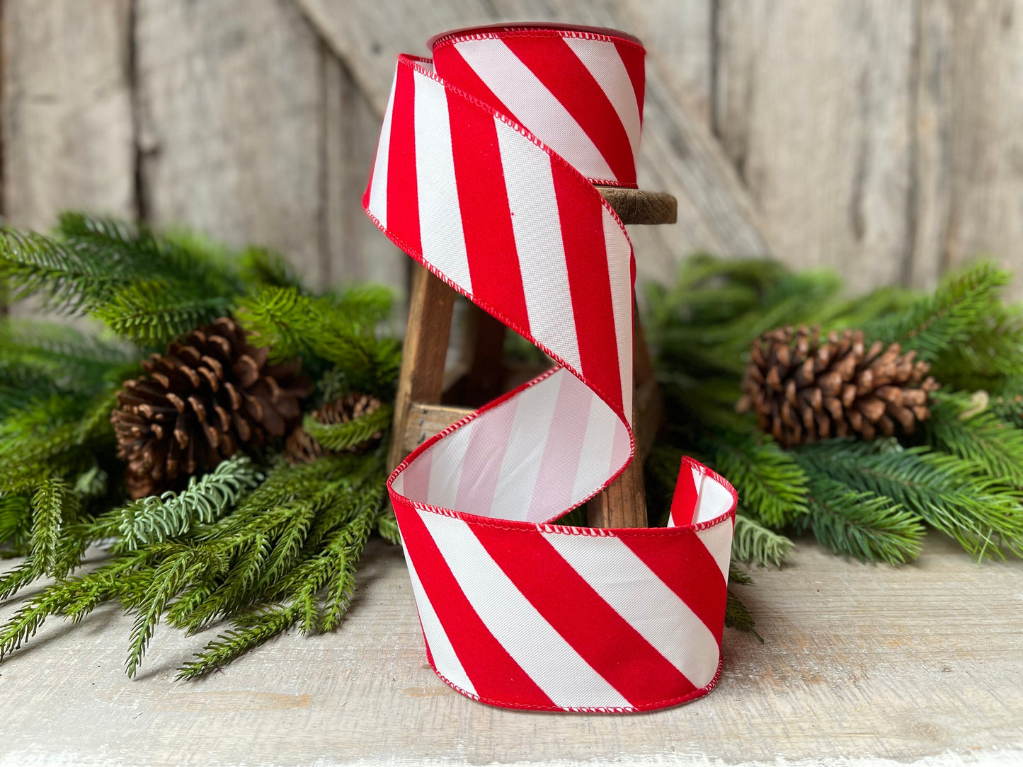 Red & White Diagonal Stripe Christmas Ribbon - 2.5" x 10 Yards - Wired Holiday Ribbon for DIY Crafts, Decorations, Wrapping