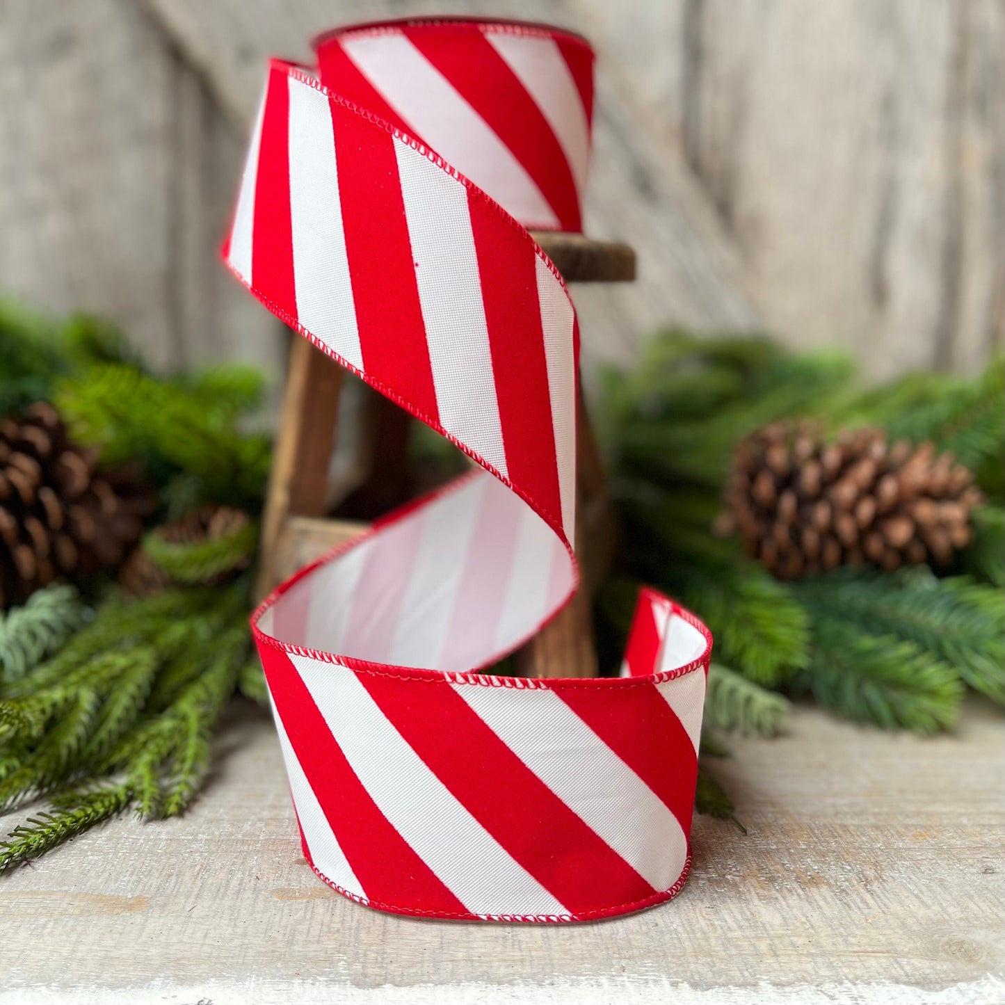 Red & White Diagonal Stripe Christmas Ribbon - 2.5" x 10 Yards - Wired Holiday Ribbon for DIY Crafts, Decorations, Wrapping