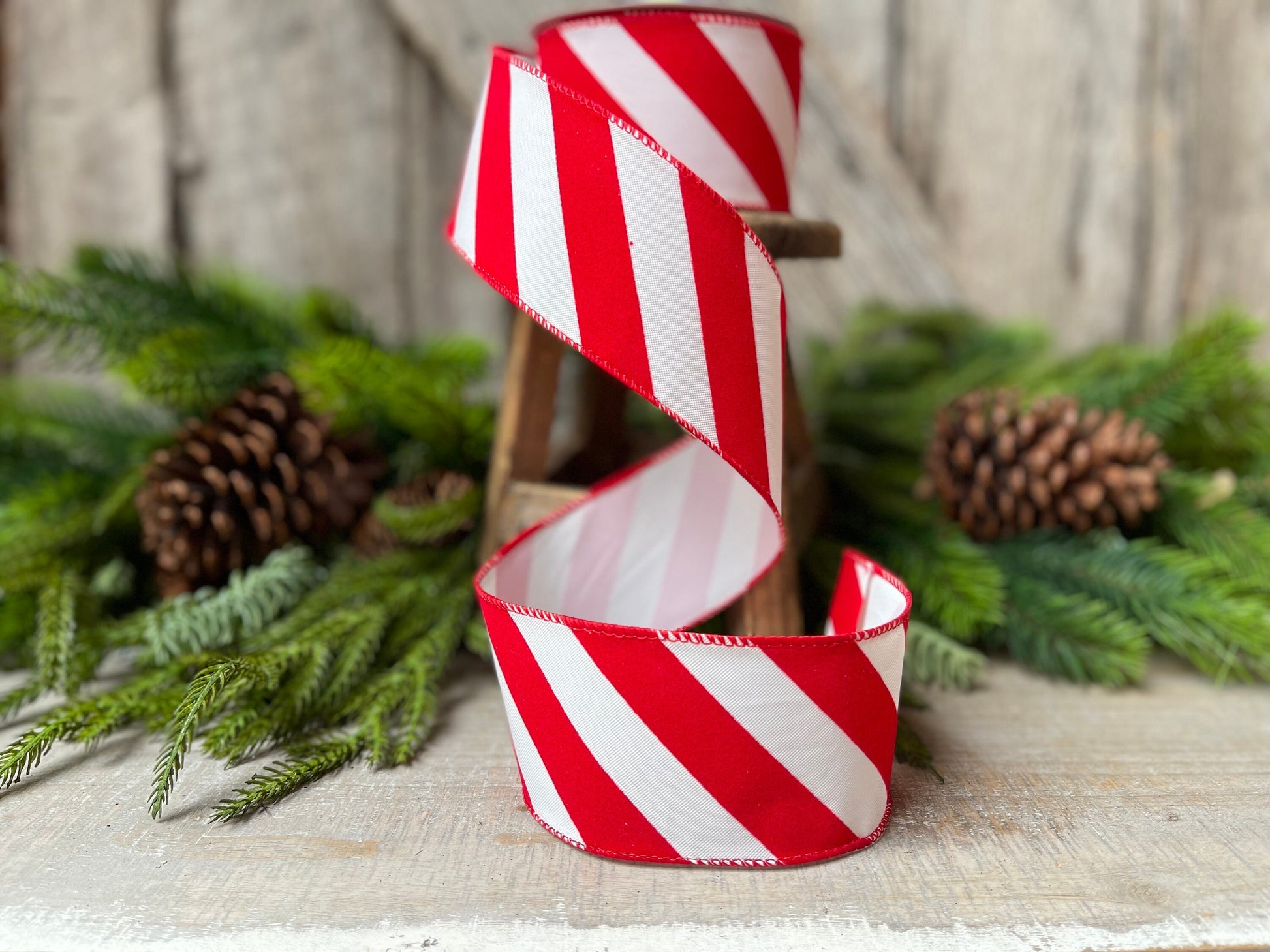 Red & White Diagonal Stripe Christmas Ribbon - 2.5" x 10 Yards - Wired Holiday Ribbon for DIY Crafts, Decorations, Wrapping