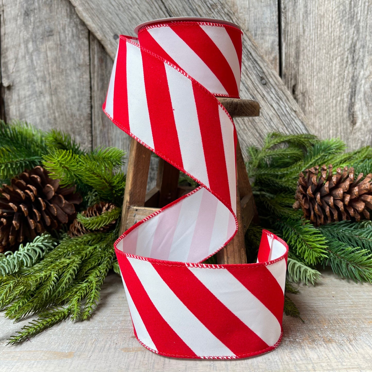 Red & White Diagonal Stripe Christmas Ribbon - 2.5" x 10 Yards - Wired Holiday Ribbon for DIY Crafts, Decorations, Wrapping