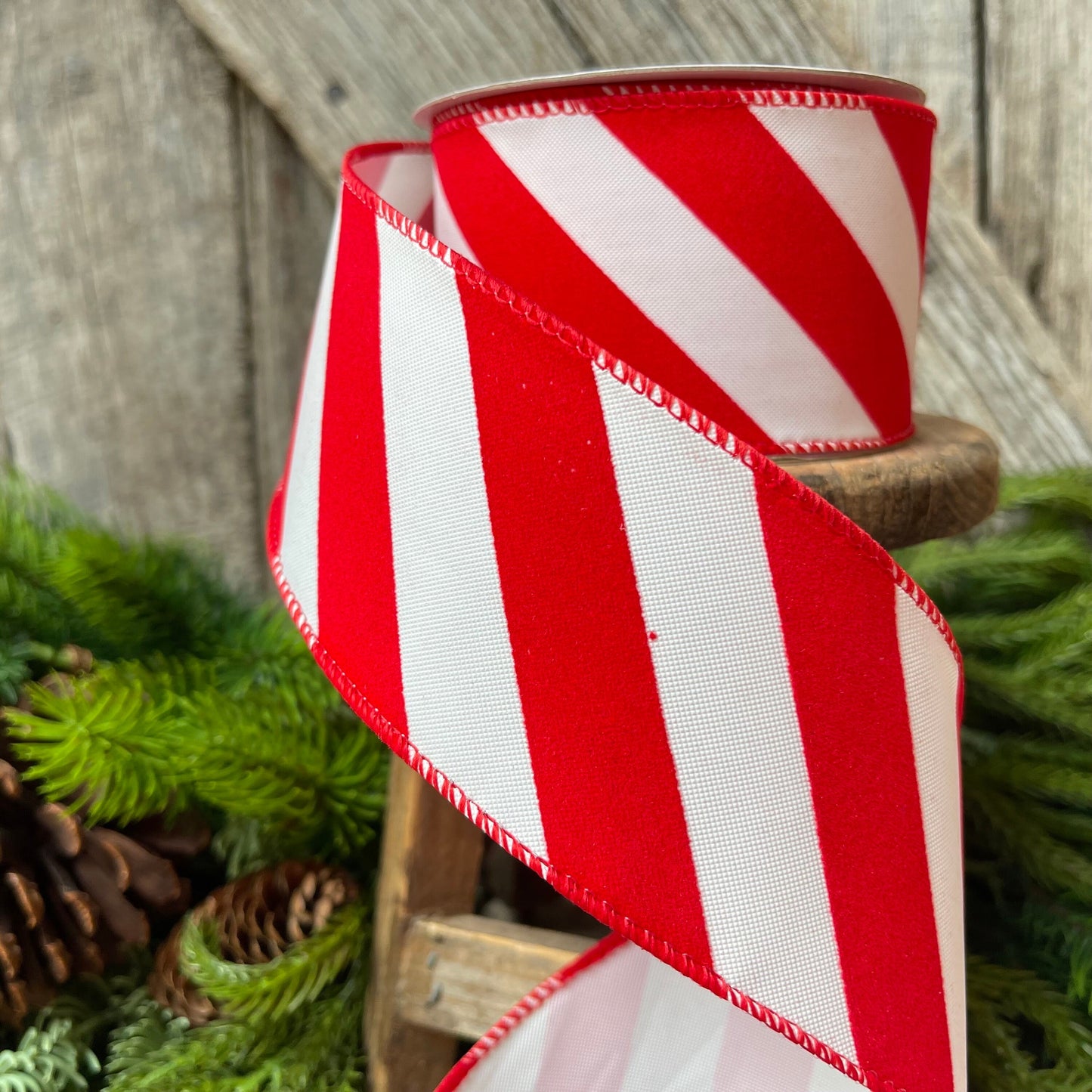 Red & White Diagonal Stripe Christmas Ribbon - 2.5" x 10 Yards - Wired Holiday Ribbon for DIY Crafts, Decorations, Wrapping