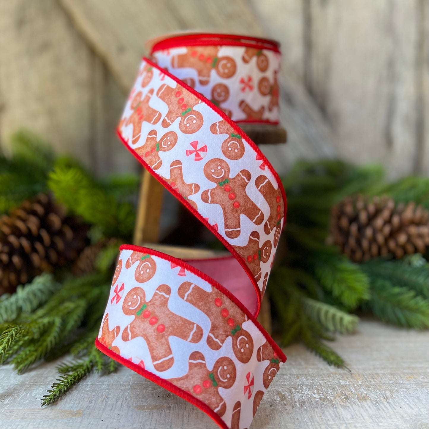 2.5" Gingerbread ribbon, red Christmas ribbon, gingerbread Christmas ribbon