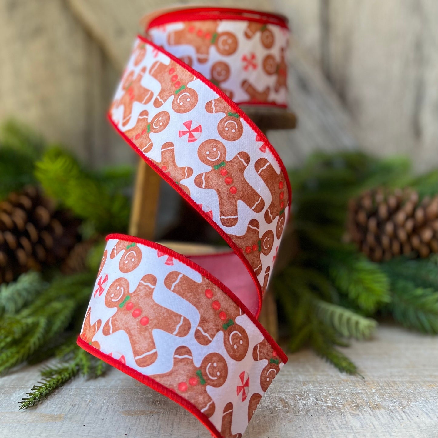 2.5" Gingerbread ribbon, red Christmas ribbon, gingerbread Christmas ribbon