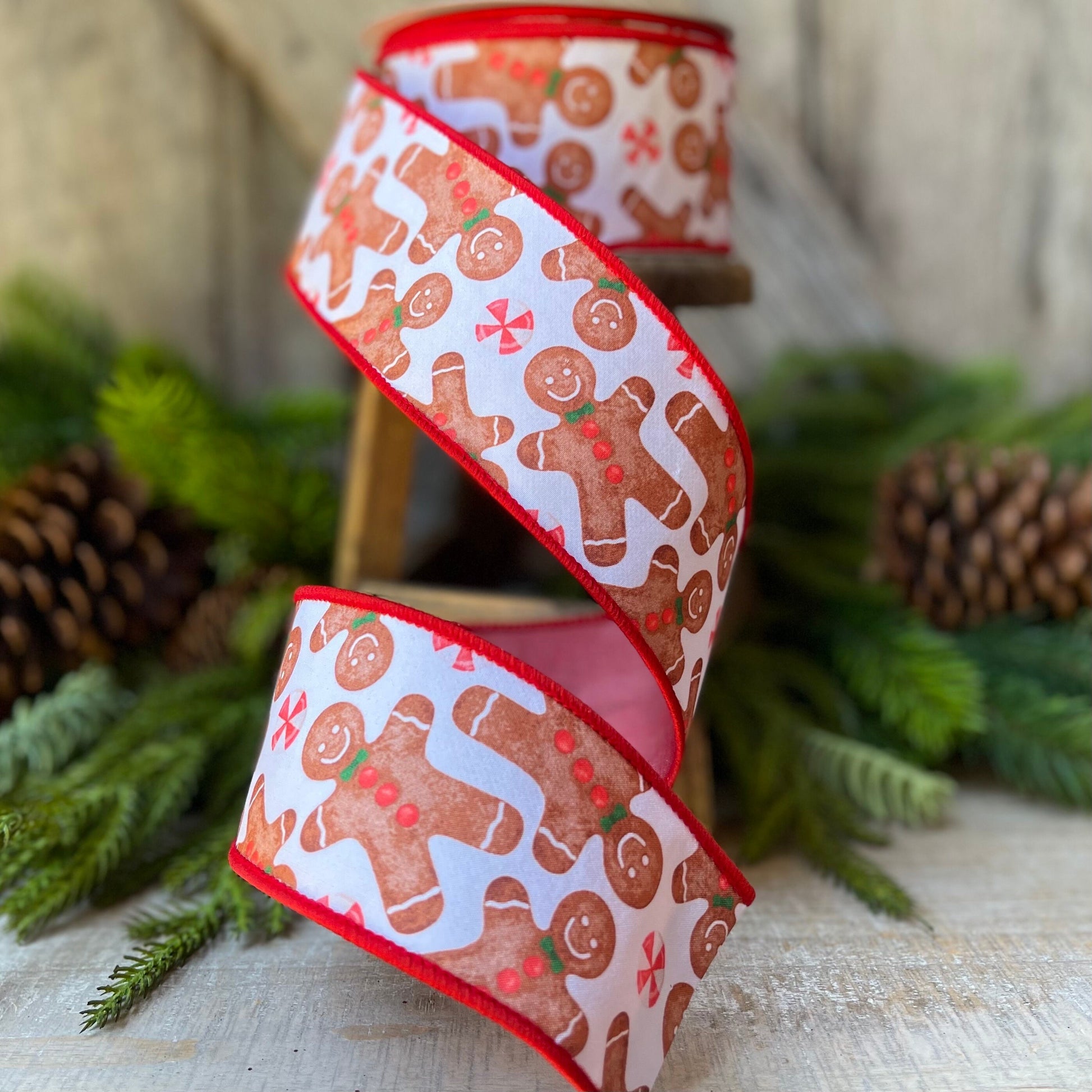 2.5" Gingerbread ribbon, red Christmas ribbon, gingerbread Christmas ribbon