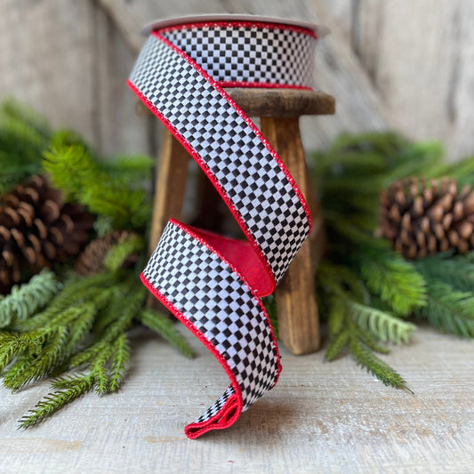 1.5" Black White Red Mini Checkered Ribbon, Farrisilk Ribbon, Check Ribbon