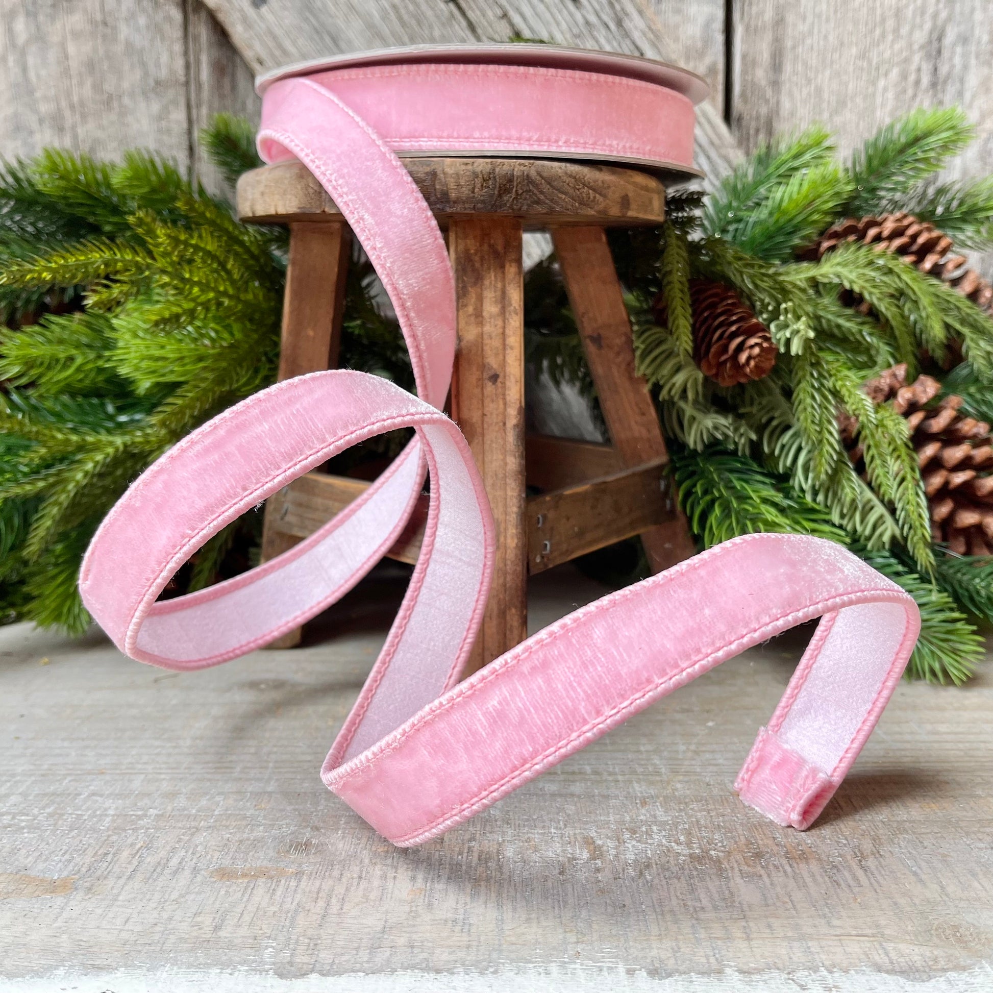 1" Baby Pink Velvet Ribbon, Wired Velvet Ribbon