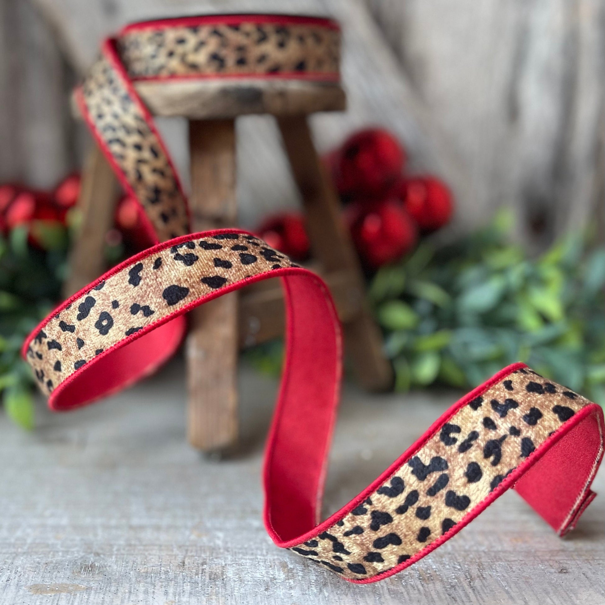 1" leopard ribbon, Farrisilk, leopard with red backing