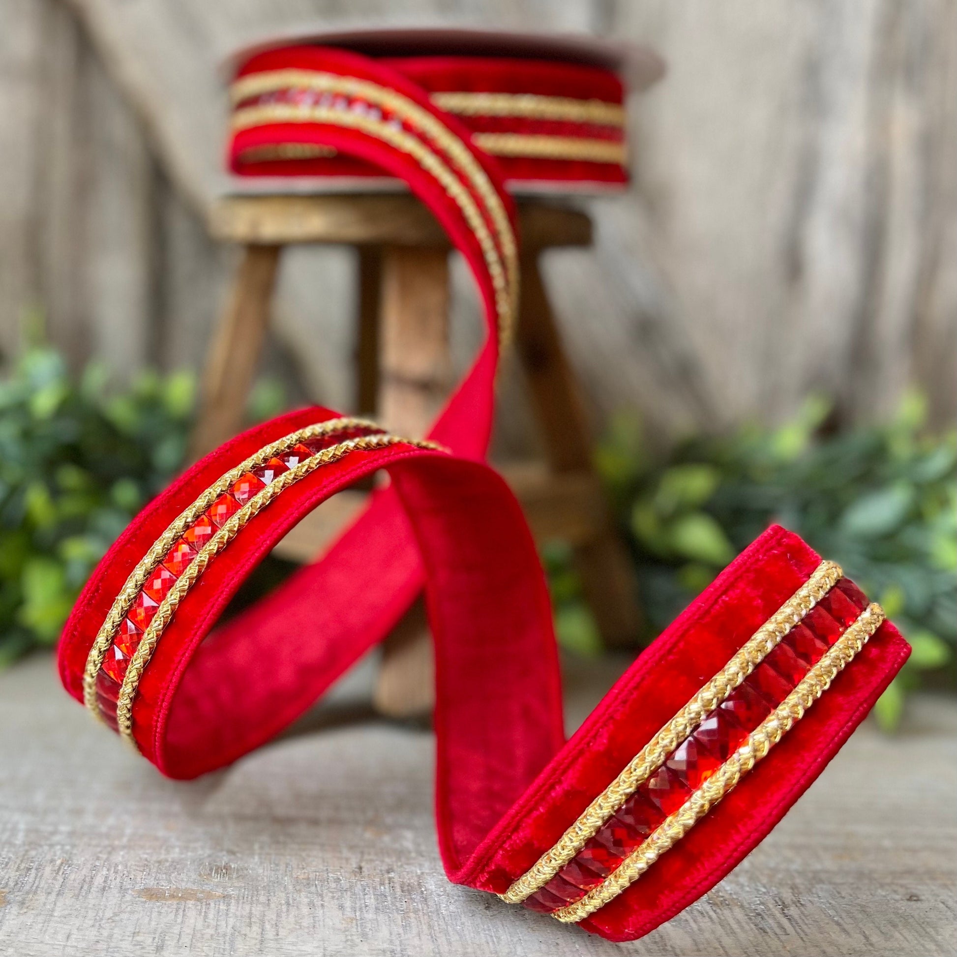 1.5" REd Gemstones, Farrisilk, REd Jeweled RIbbon