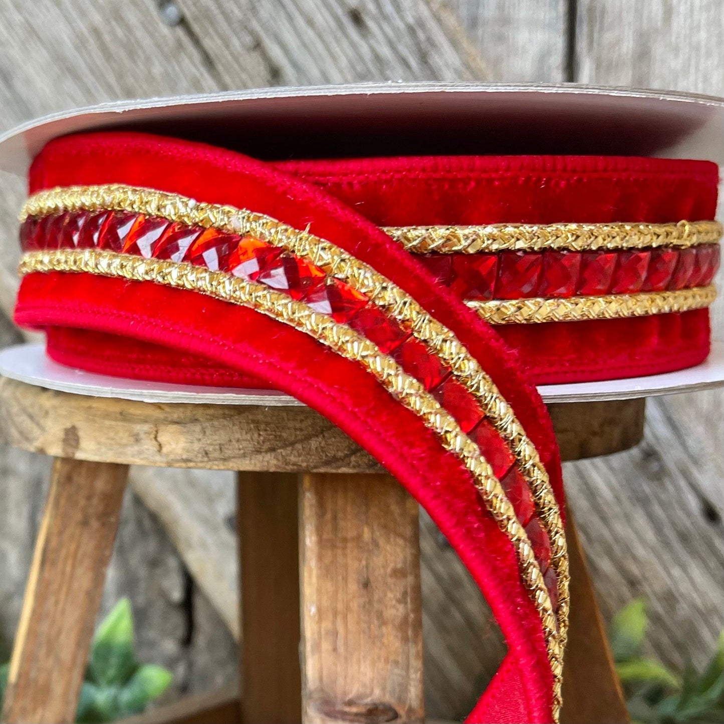 1.5" REd Gemstones, Farrisilk, REd Jeweled RIbbon