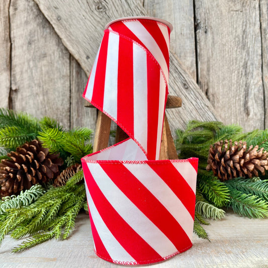 Red & White Diagonal Stripe Christmas Ribbon - 4" x 10 Yards - Wired Holiday Ribbon for DIY Crafts, Decorations, Wrapping