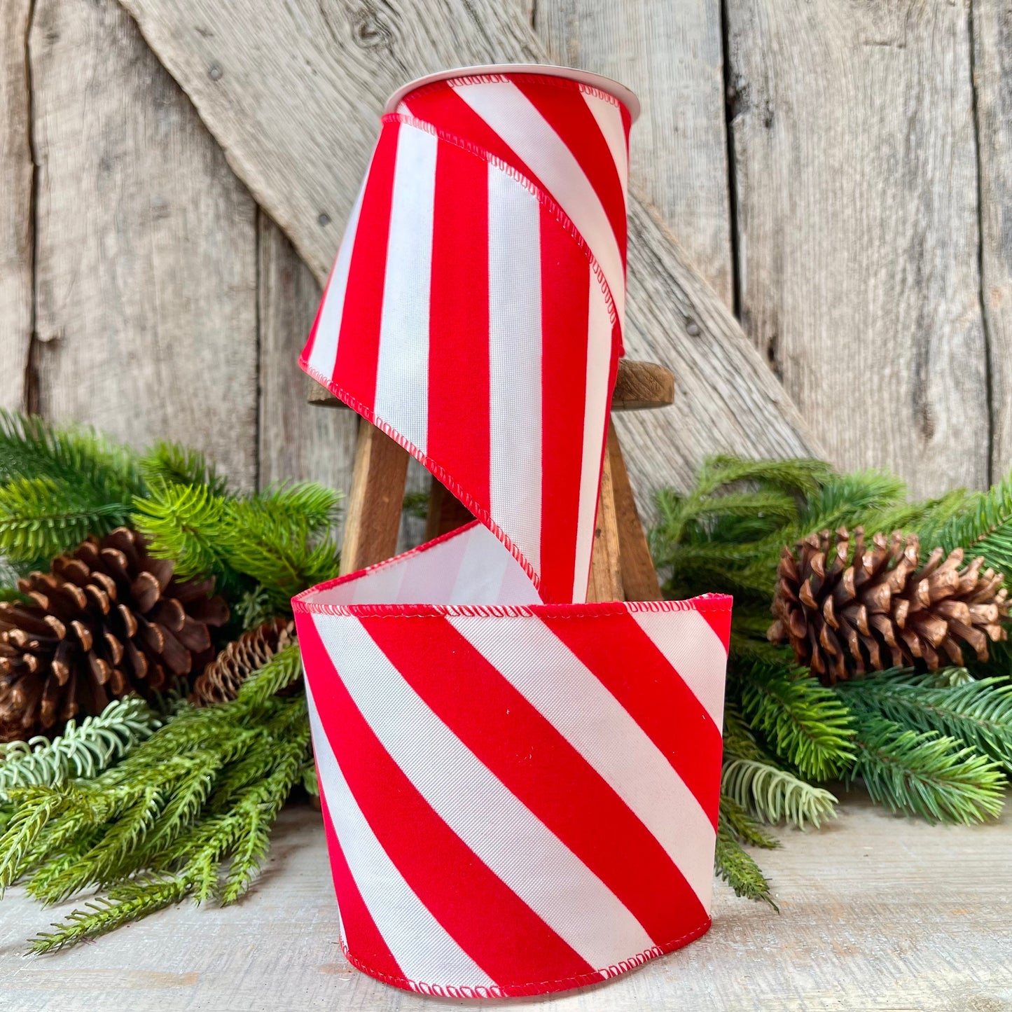 Red & White Diagonal Stripe Christmas Ribbon - 4" x 10 Yards - Wired Holiday Ribbon for DIY Crafts, Decorations, Wrapping