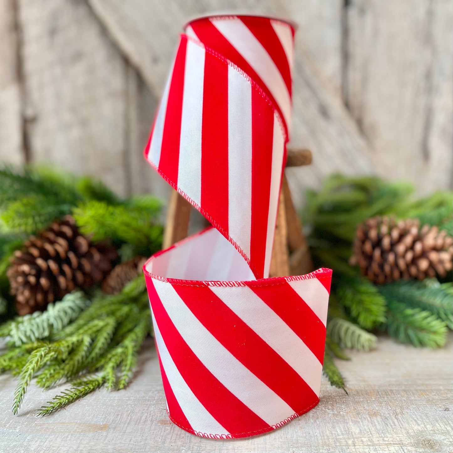 Red & White Diagonal Stripe Christmas Ribbon - 4" x 10 Yards - Wired Holiday Ribbon for DIY Crafts, Decorations, Wrapping