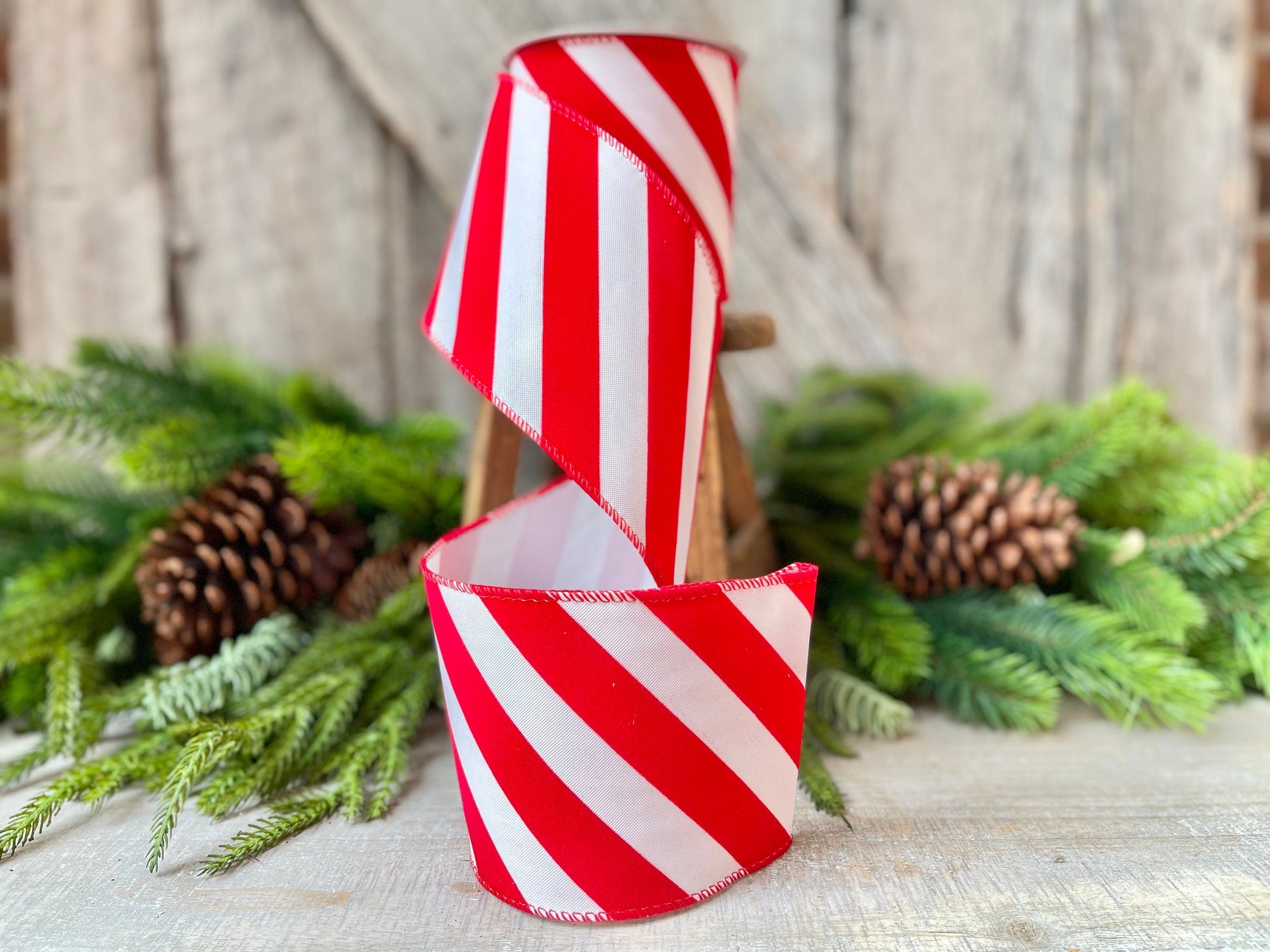 Red & White Diagonal Stripe Christmas Ribbon - 4" x 10 Yards - Wired Holiday Ribbon for DIY Crafts, Decorations, Wrapping