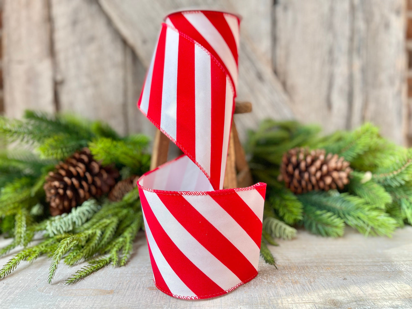 Red & White Diagonal Stripe Christmas Ribbon - 4" x 10 Yards - Wired Holiday Ribbon for DIY Crafts, Decorations, Wrapping