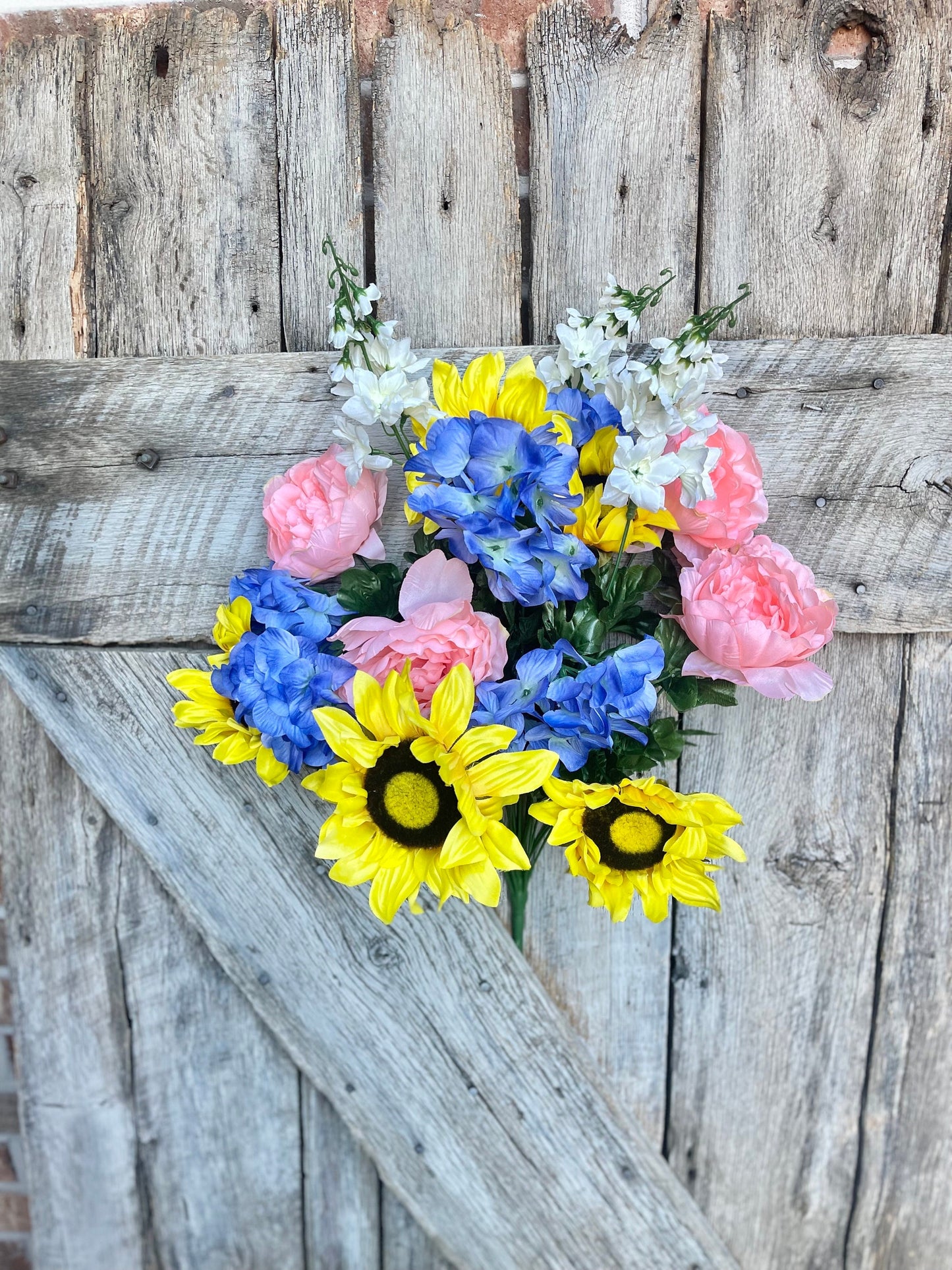 24" Sunflower Peony hydrangea bush, Yellow Sunflower, Yellow and Blue Floral Bush