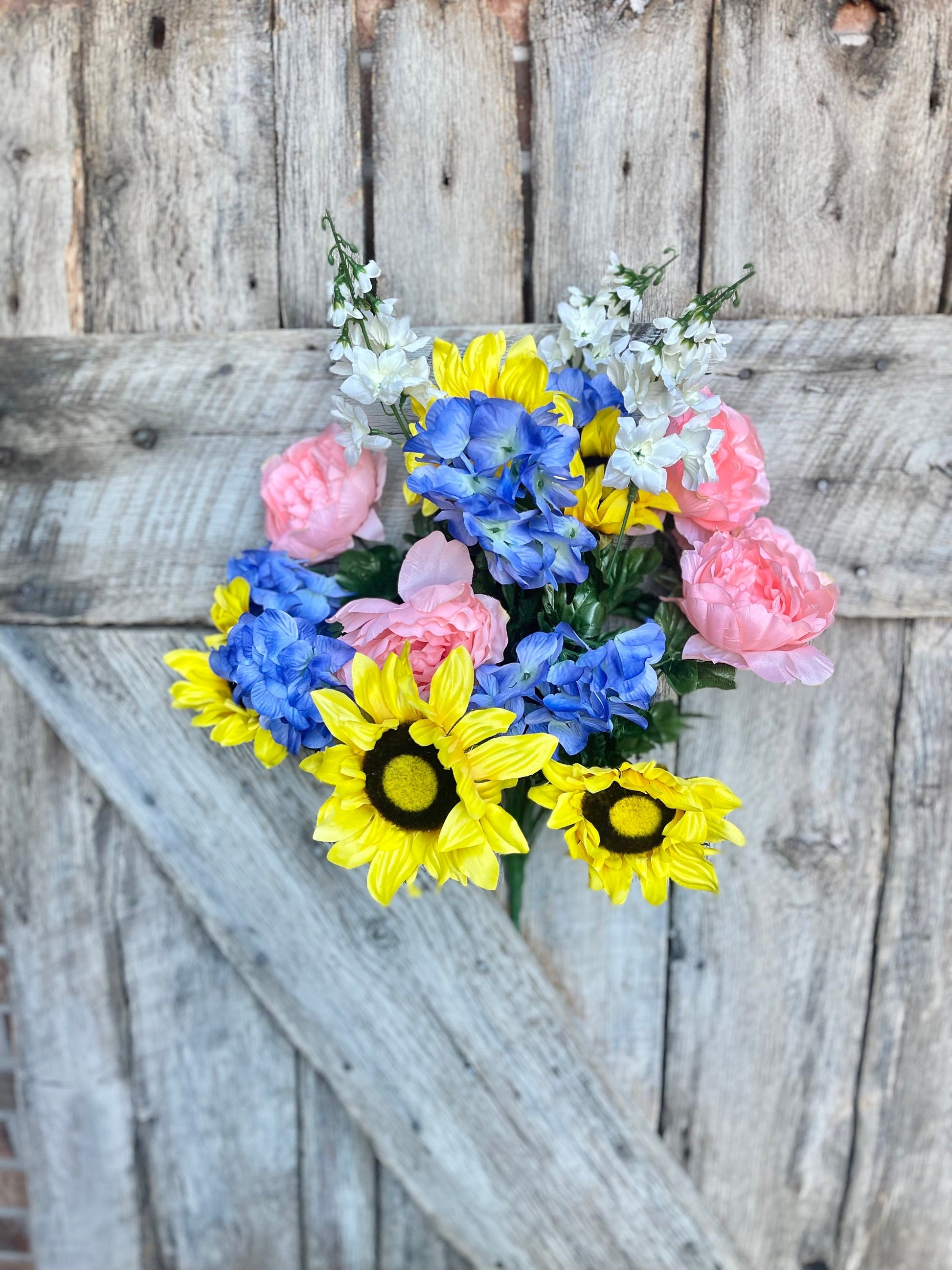 24" Sunflower Peony hydrangea bush, Yellow Sunflower, Yellow and Blue Floral Bush