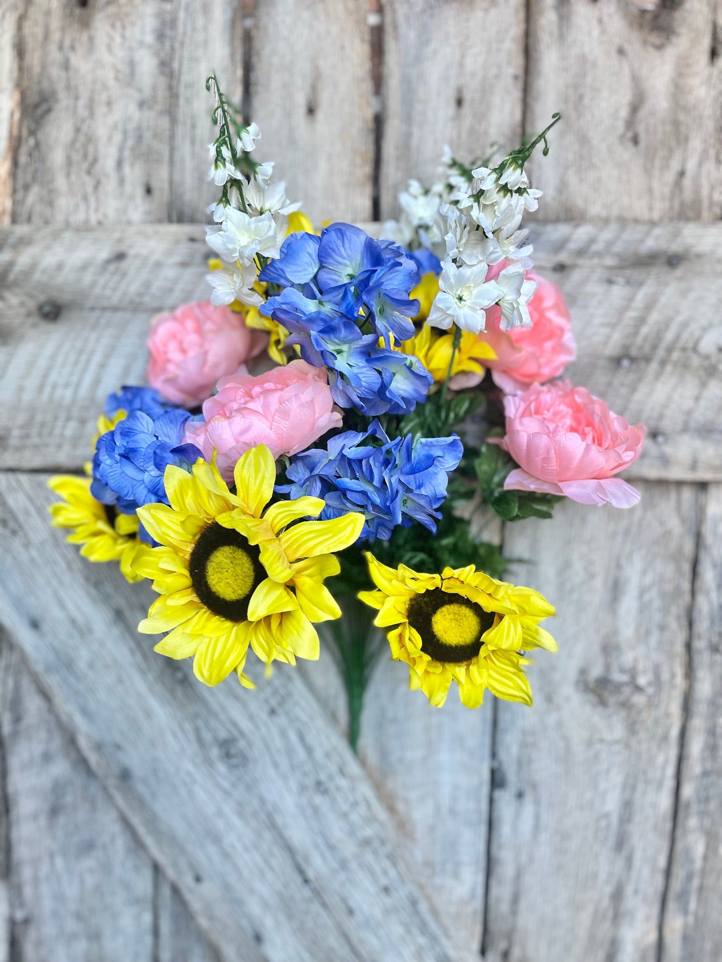 24" Sunflower Peony hydrangea bush, Yellow Sunflower, Yellow and Blue Floral Bush