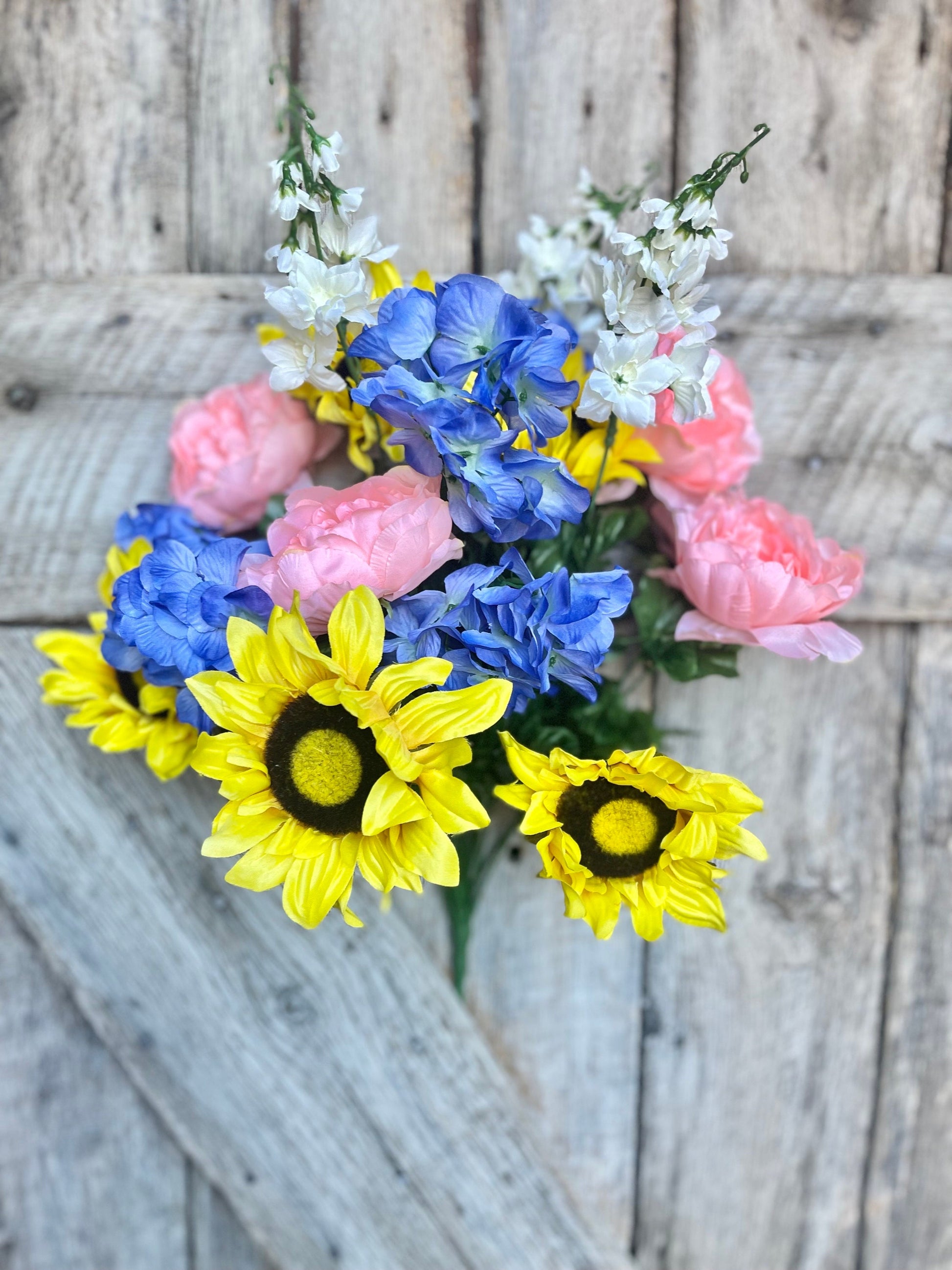 24" Sunflower Peony hydrangea bush, Yellow Sunflower, Yellow and Blue Floral Bush