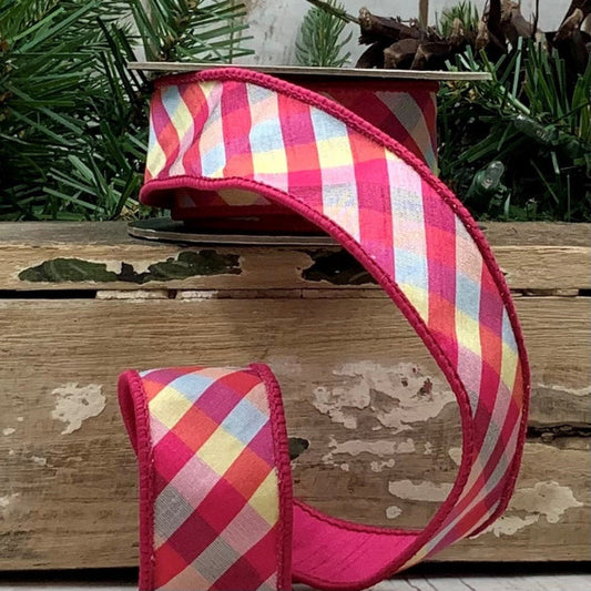 1.5" Hot Pink Diagonal Plaid, D. Stevens Ribbon, Designer Ribbon