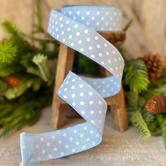 1.5" Blue Spring Dots Wired Ribbon, Farrisilk Ribbon, Blue Polka Dot Ribbon