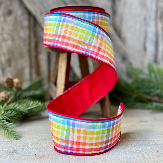 2.5" Rainbow Plaid Ribbon, Christmas Ribbon