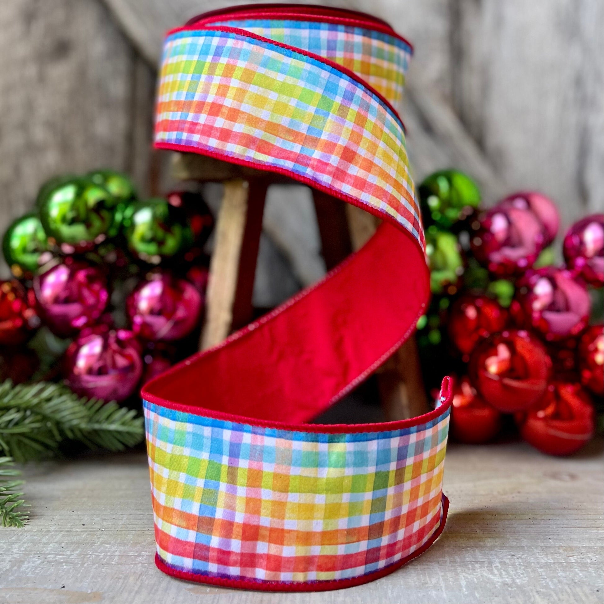 2.5" Rainbow Plaid Ribbon, Christmas Ribbon, Colorful Ribbon