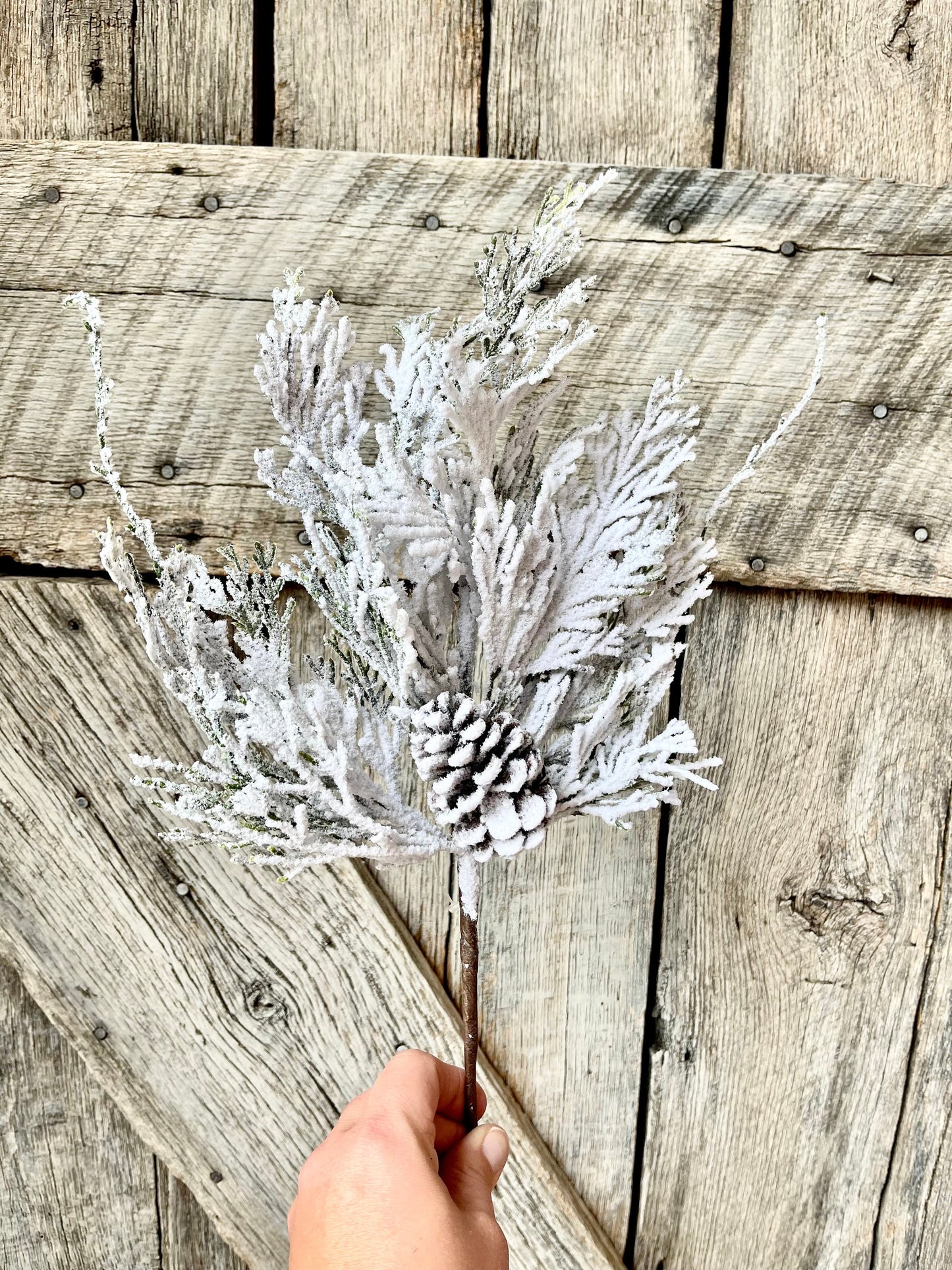 18" Snow Cedar Pinecone Spray, Flocked Pine Stem, Flocked Greenery