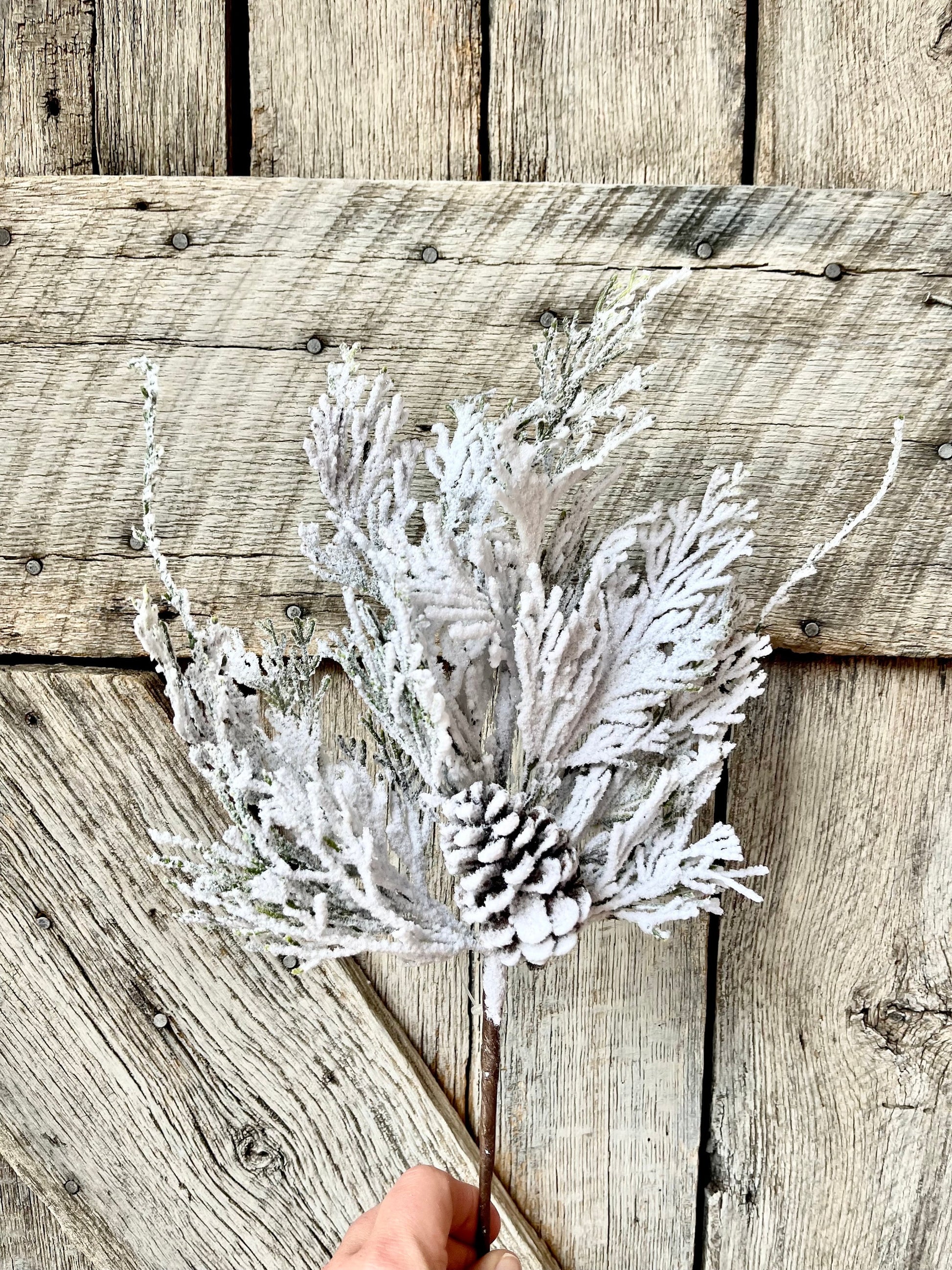 18" Snow Cedar Pinecone Spray, Flocked Pine Stem, Flocked Greenery