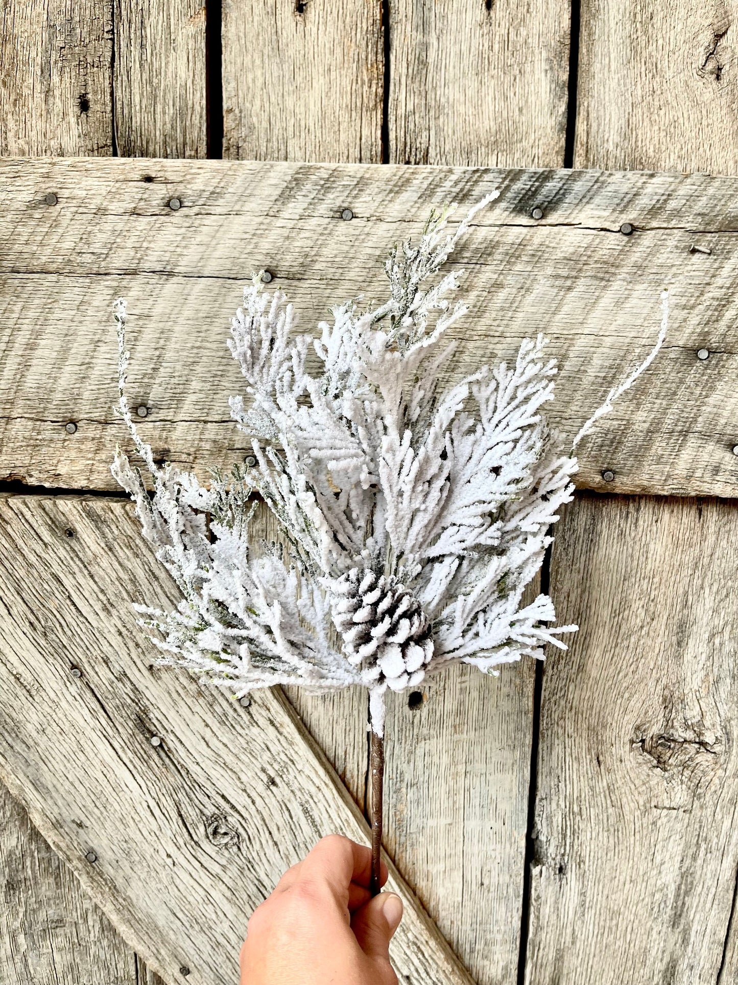 18" Snow Cedar Pinecone Spray, Flocked Pine Stem, Flocked Greenery