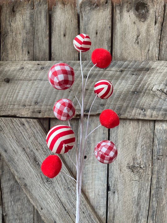 29" Red and White Ball Spray, Christmas Ball Spray, Red White Stripe and Check ball Spray