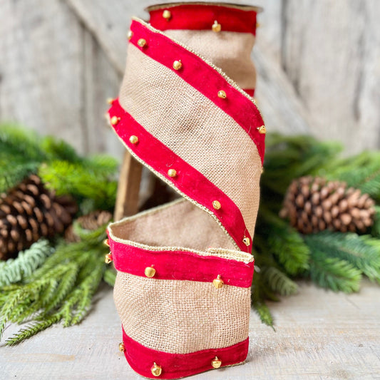 4" Red Velvet and Burlap Bells Ribbon, Christmas Burlap RIbbon, 5 Yards