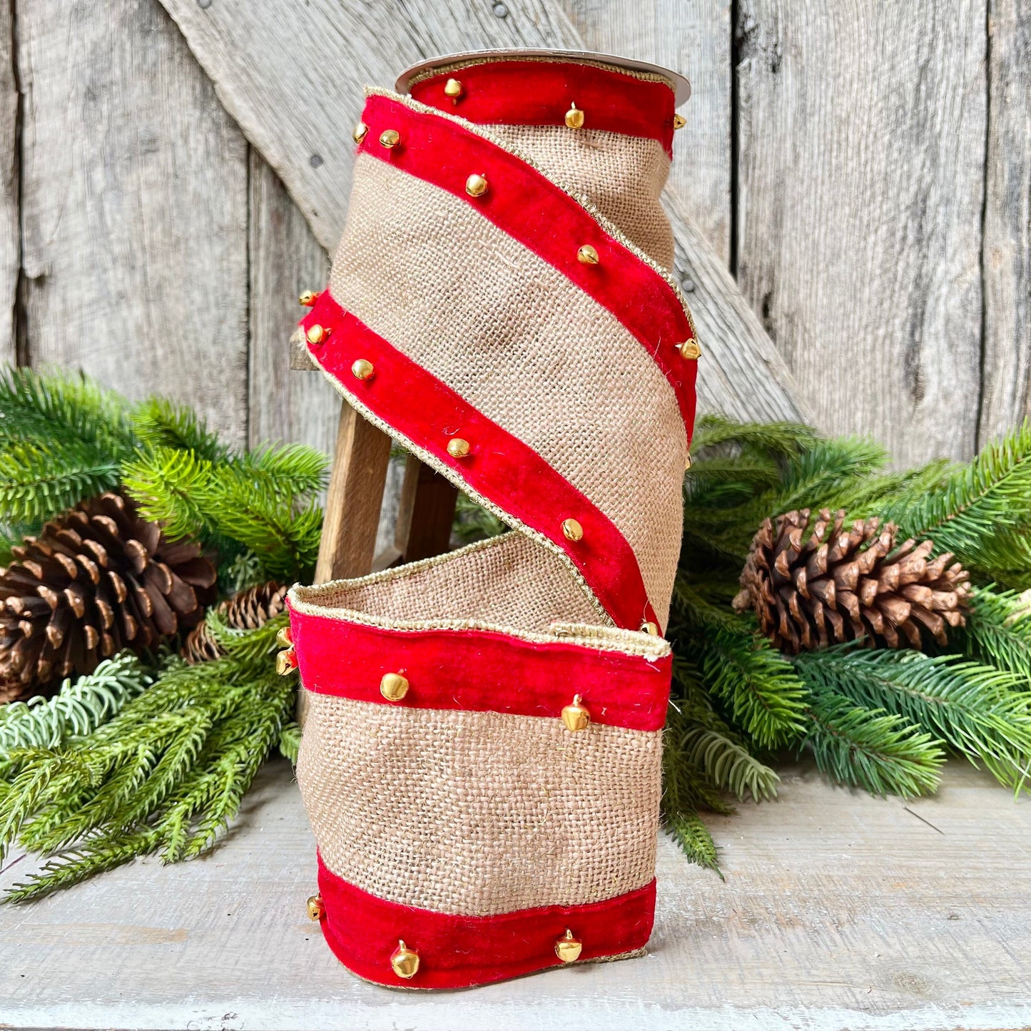 4" Red Velvet and Burlap Bells Ribbon, Christmas Burlap RIbbon