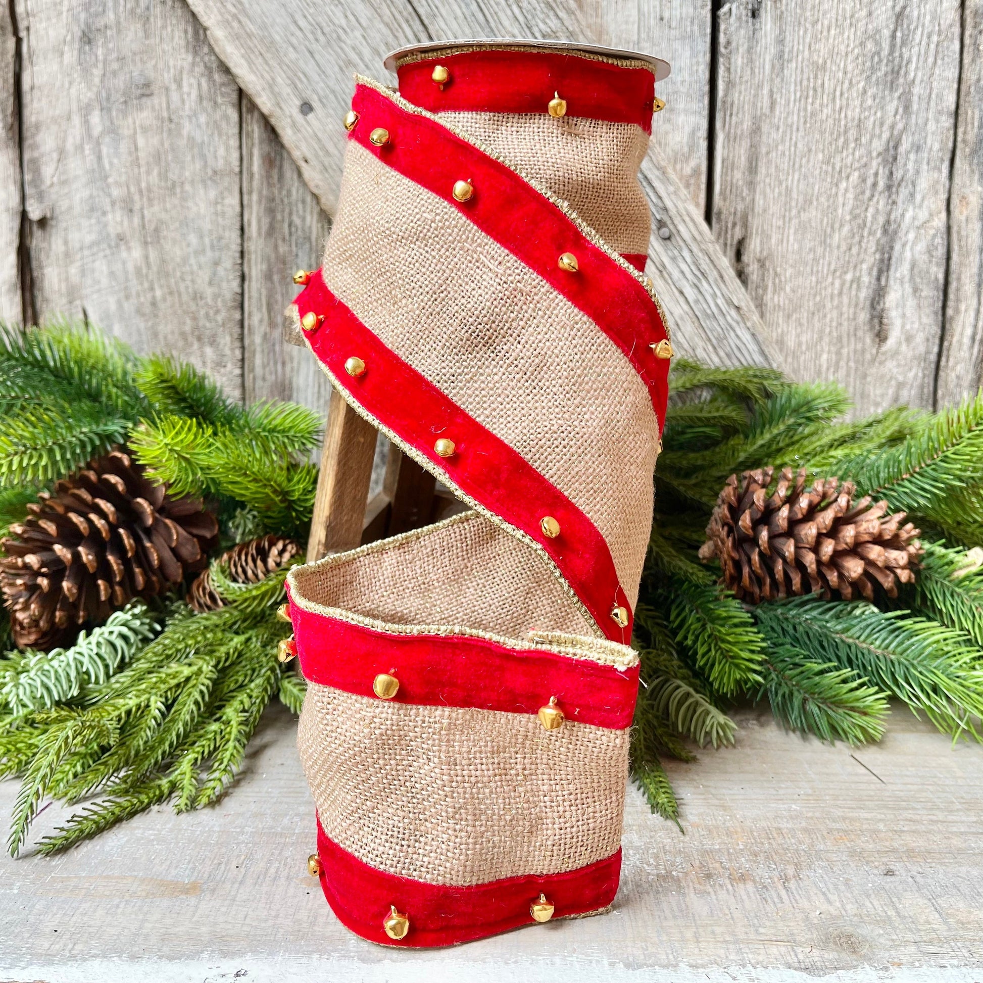 4" Red Velvet and Burlap Bells Ribbon, Christmas Burlap RIbbon, 5 Yards